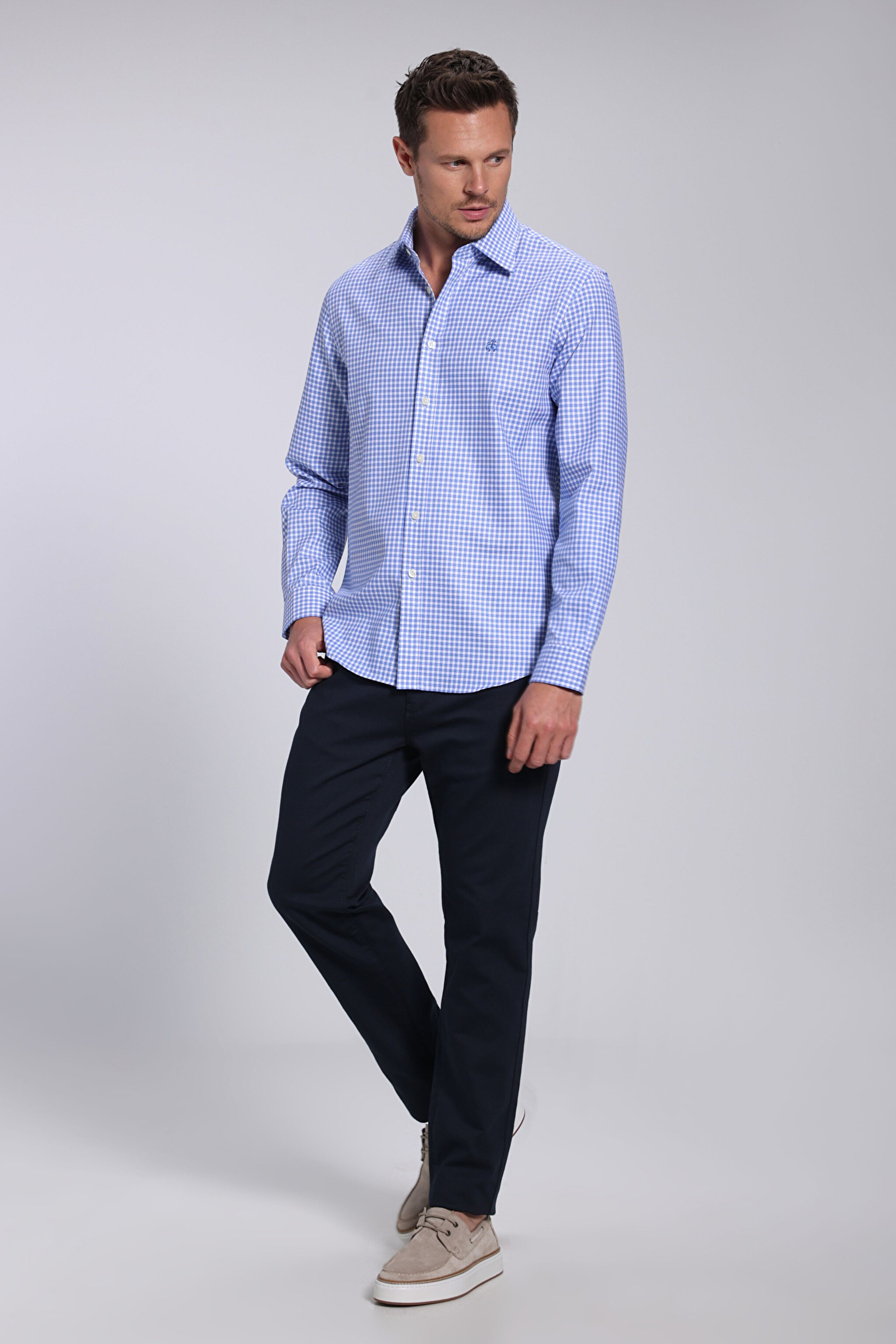 %100 Pamuk Klasik Yaka Slim Fit Gömlek - Mavi-Beyaz Ekoseli (görsel 4)
