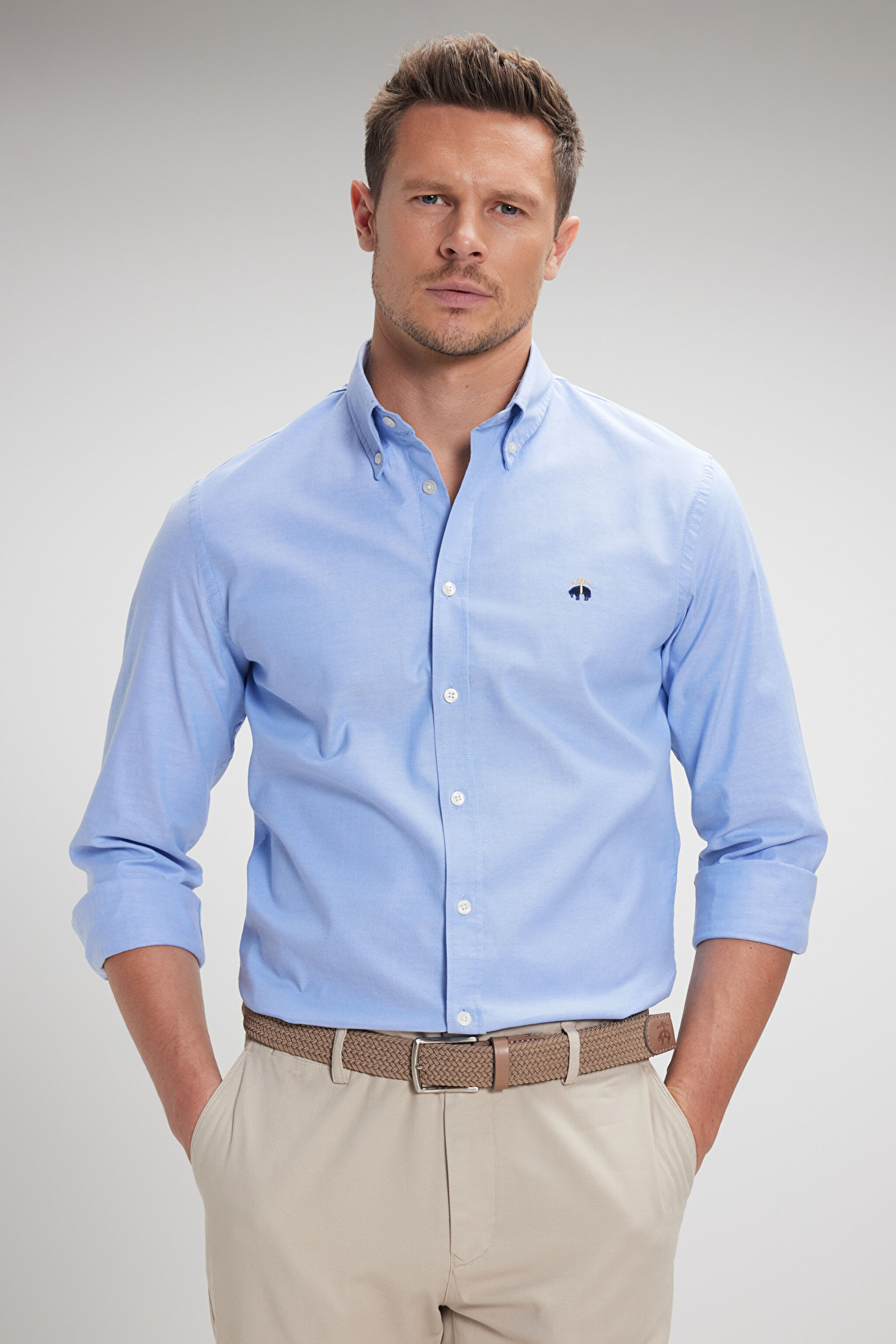 %100 Pamuk Düğmeli Yaka Slim Fit Oxford Gömlek - Mavi (görsel 4)