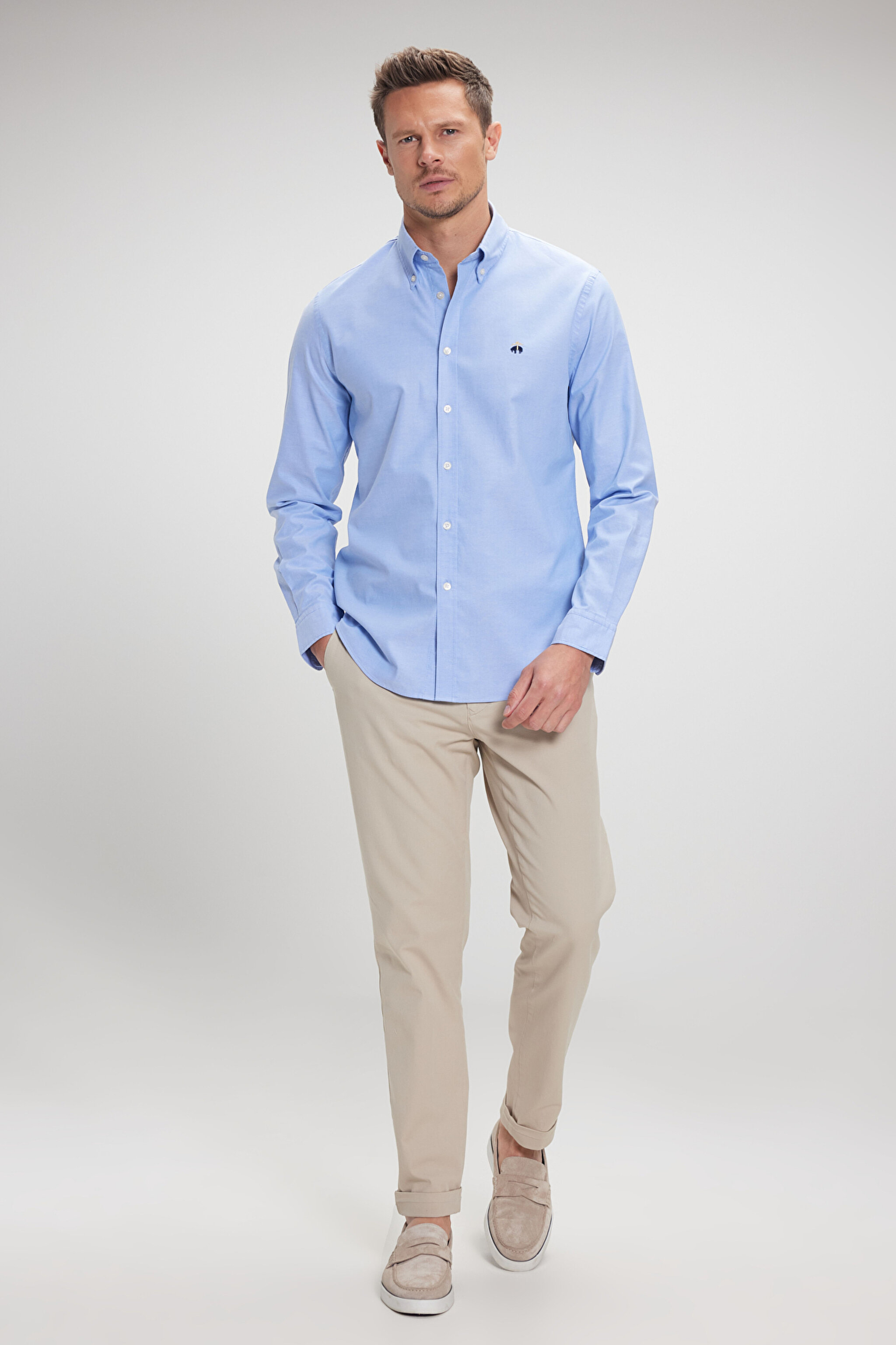 %100 Pamuk Düğmeli Yaka Slim Fit Oxford Gömlek - Mavi (görsel 5)