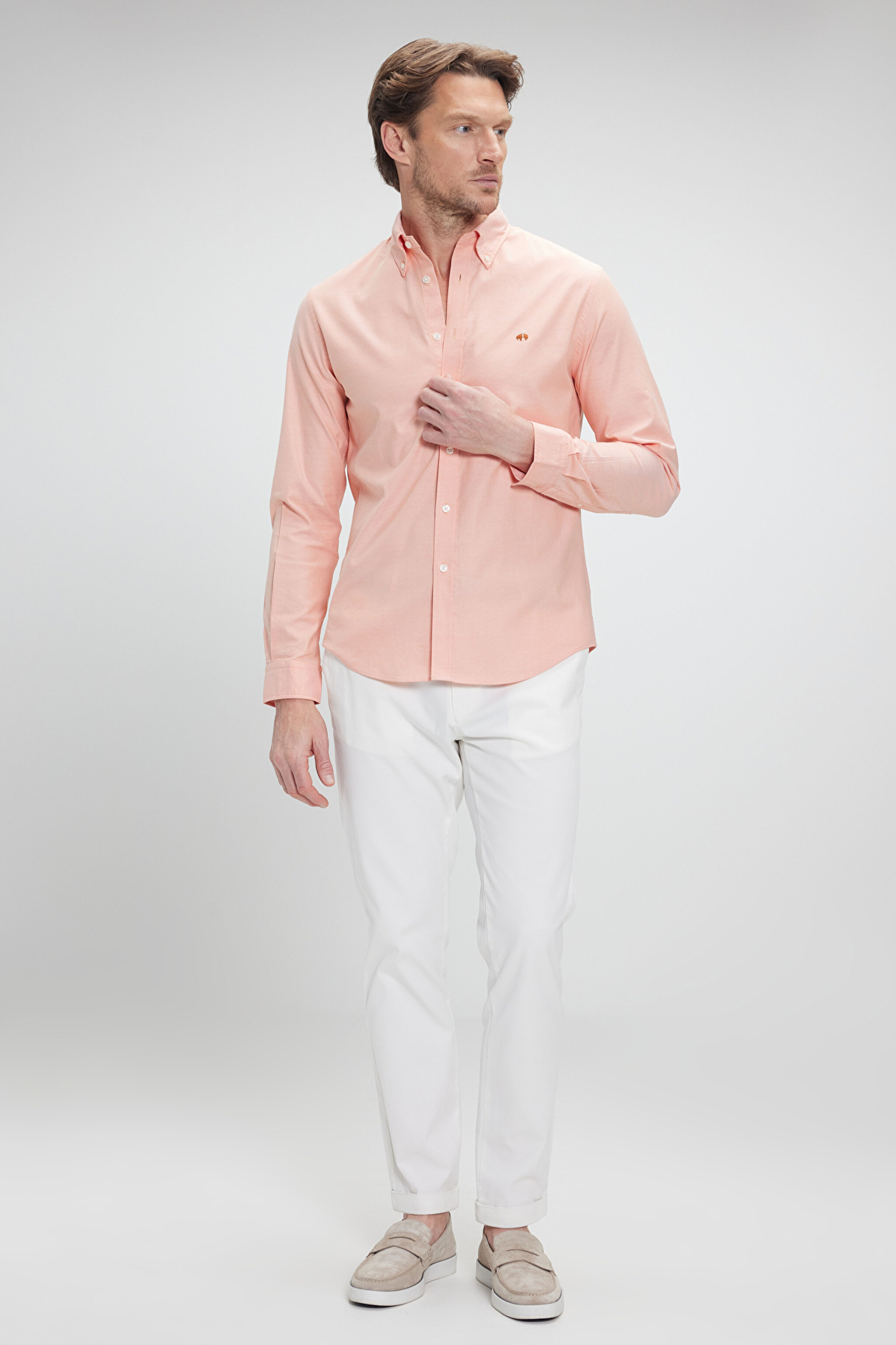 %100 Pamuk Düğmeli Yaka Slim Fit Oxford Gömlek - Turuncu (görsel 3)