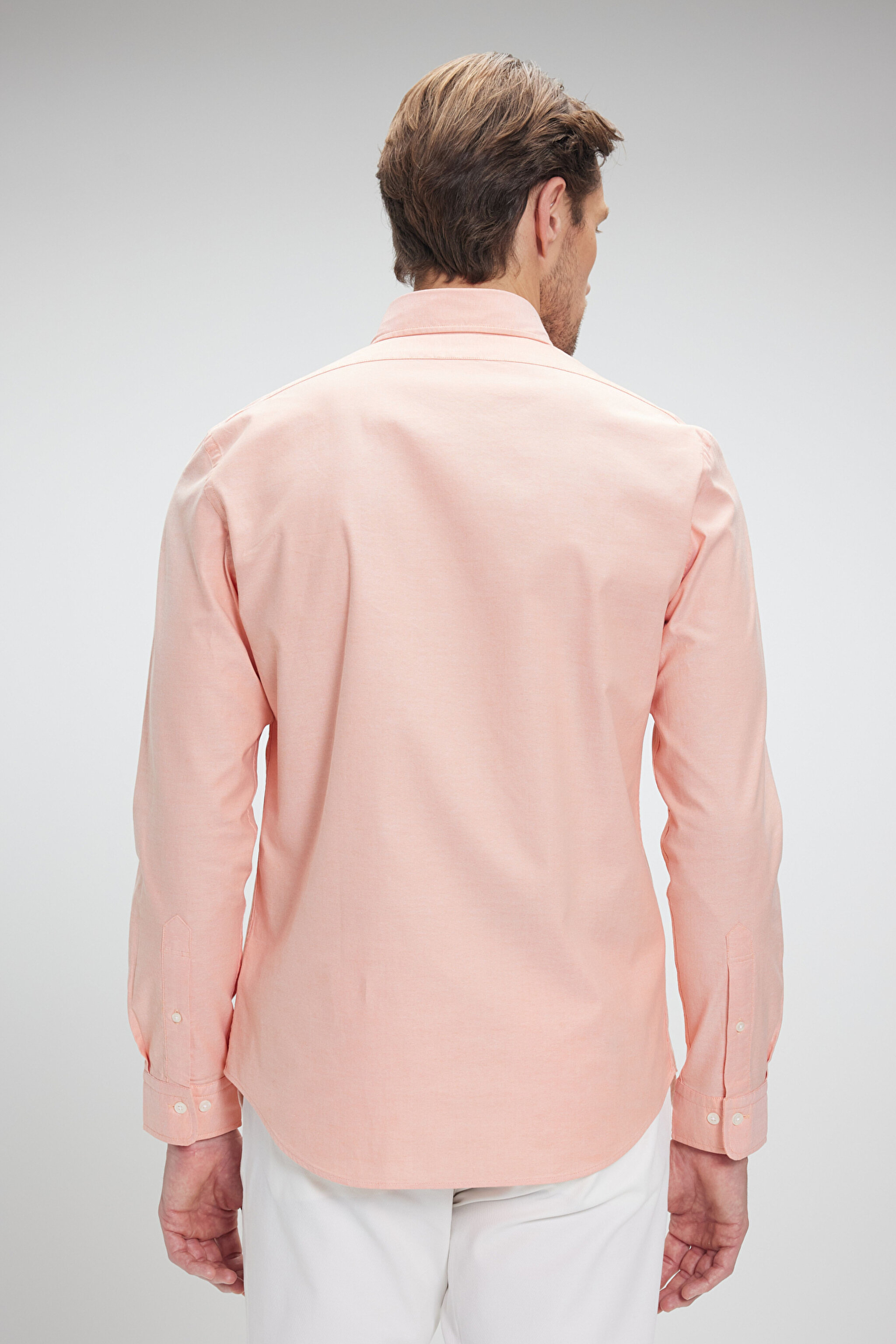 %100 Pamuk Düğmeli Yaka Slim Fit Oxford Gömlek - Turuncu (görsel 6)