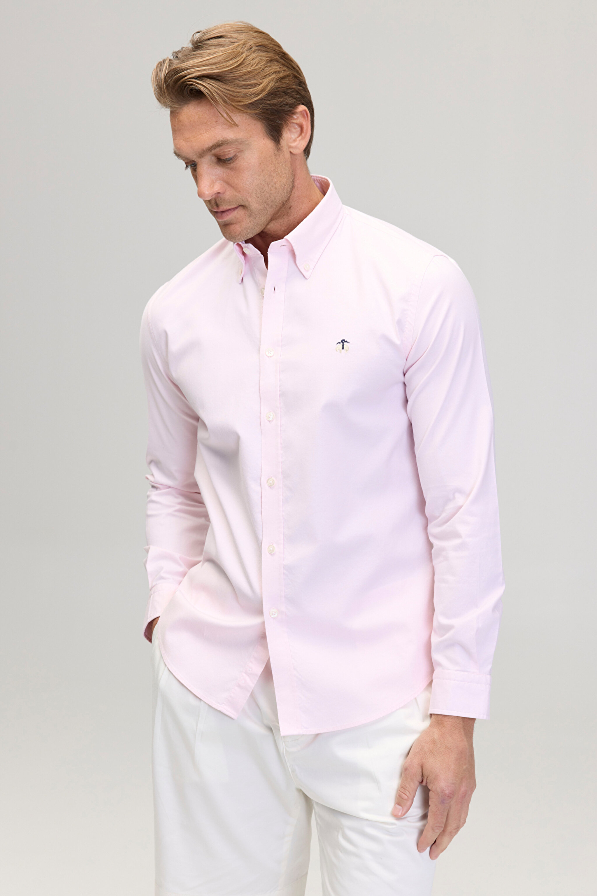 %100 Pamuk Düğmeli Yaka Slim Fit Oxford Gömlek - Pembe (görsel 2)