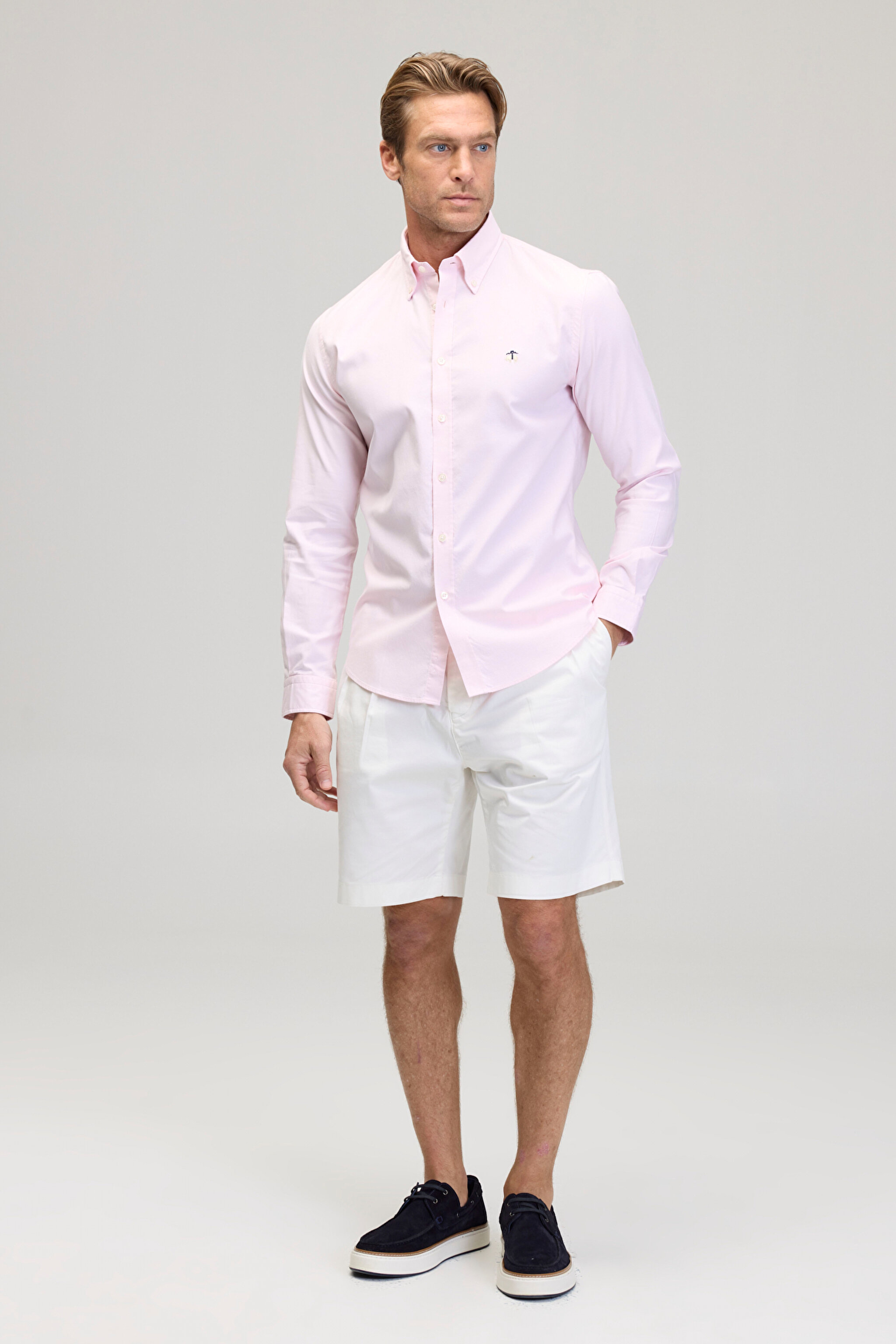 %100 Pamuk Düğmeli Yaka Slim Fit Oxford Gömlek - Pembe (görsel 3)