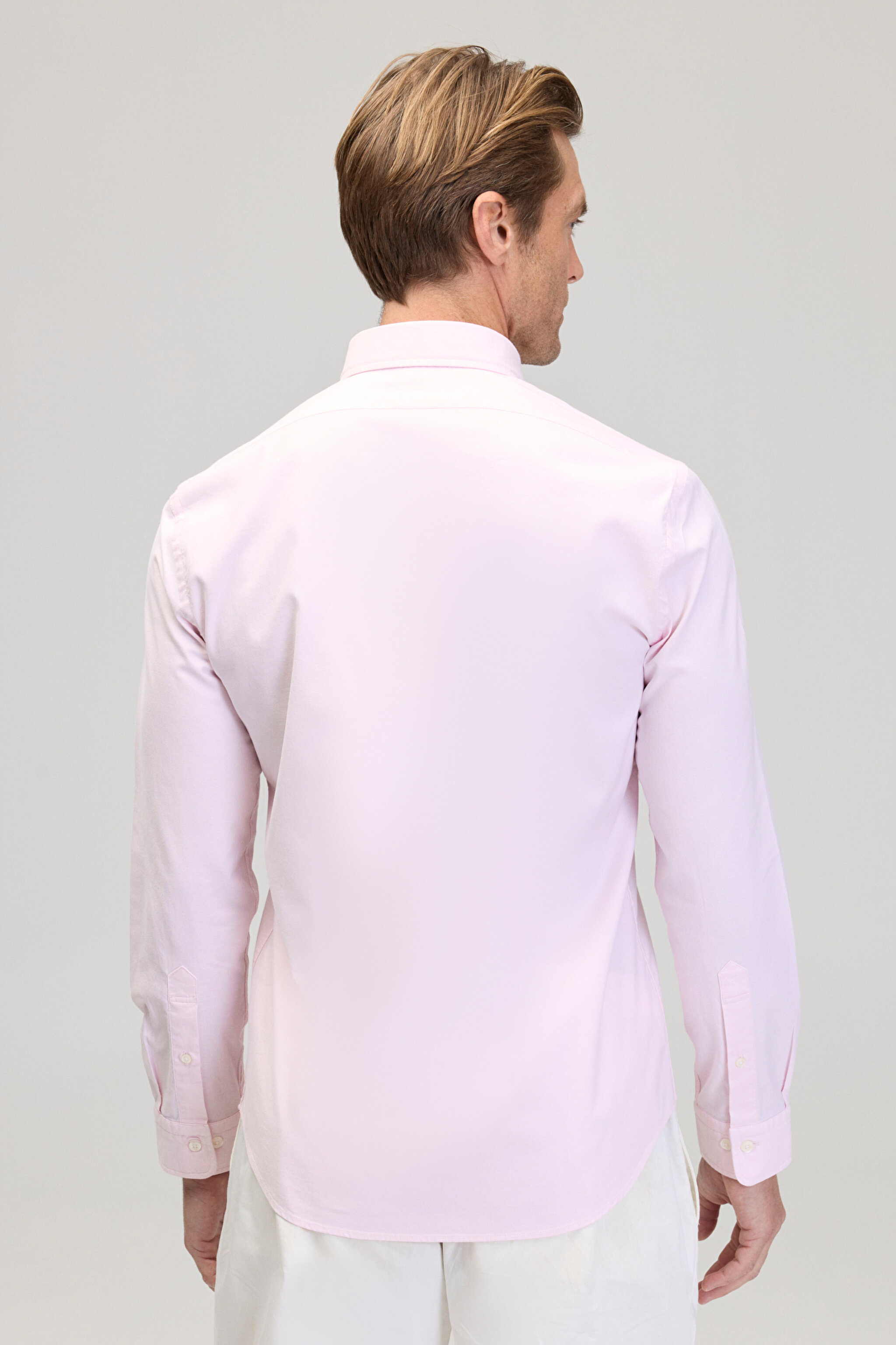 %100 Pamuk Düğmeli Yaka Slim Fit Oxford Gömlek - Pembe (görsel 5)