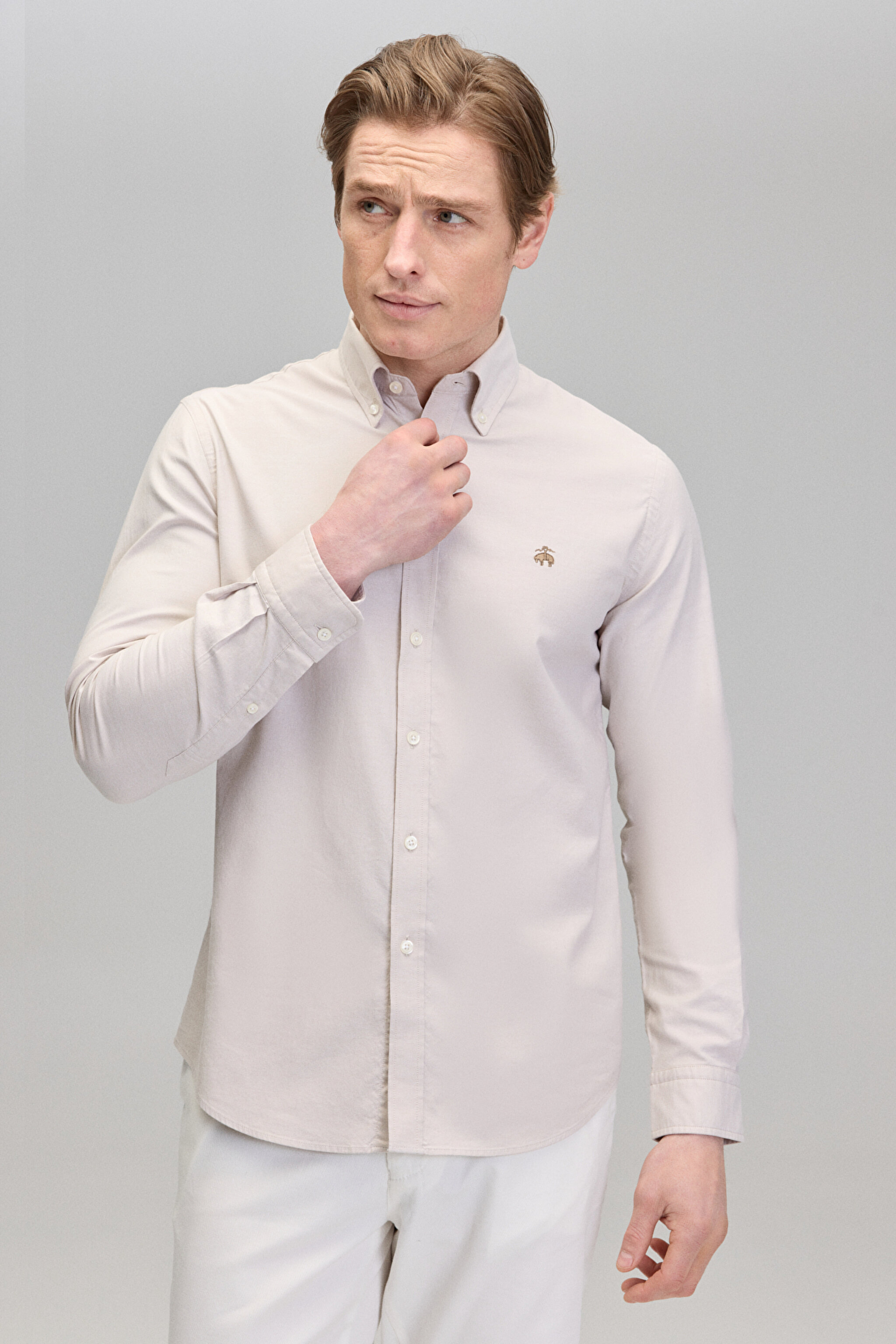 %100 Pamuk Düğmeli Yaka Slim Fit Oxford Gömlek - Bej