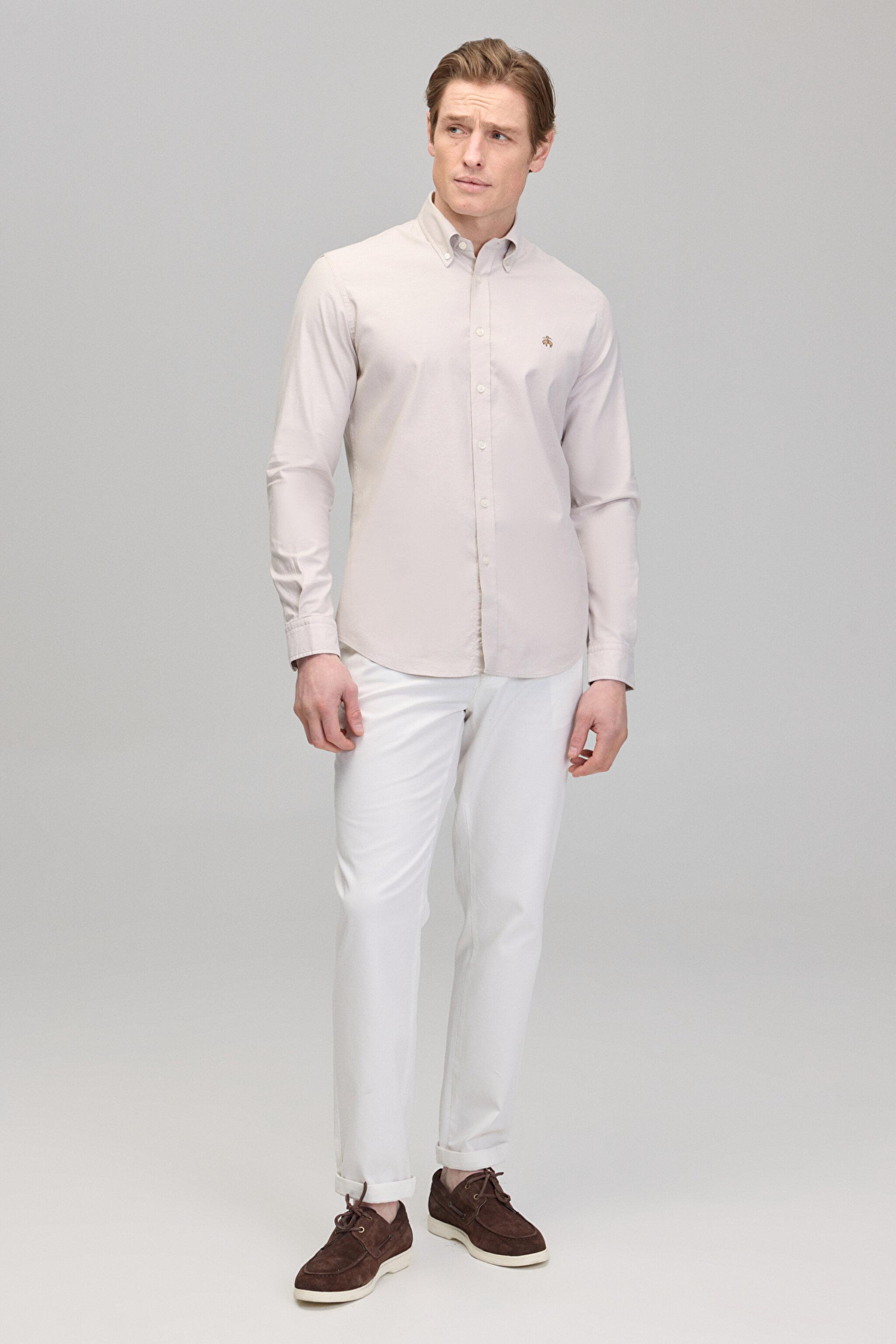 %100 Pamuk Düğmeli Yaka Slim Fit Oxford Gömlek - Bej (görsel 4)