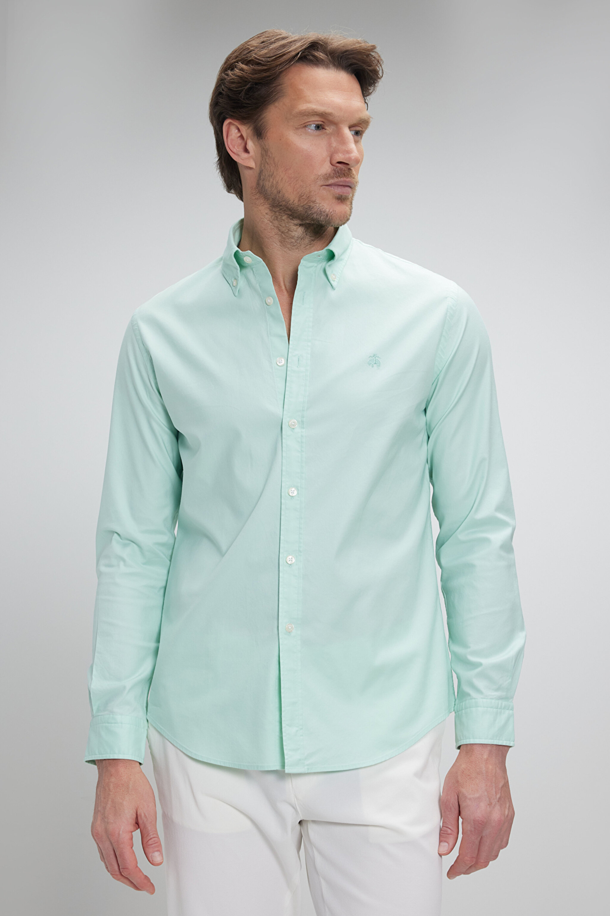 %100 Pamuk Düğmeli Yaka Slim Fit Oxford Gömlek - Mint