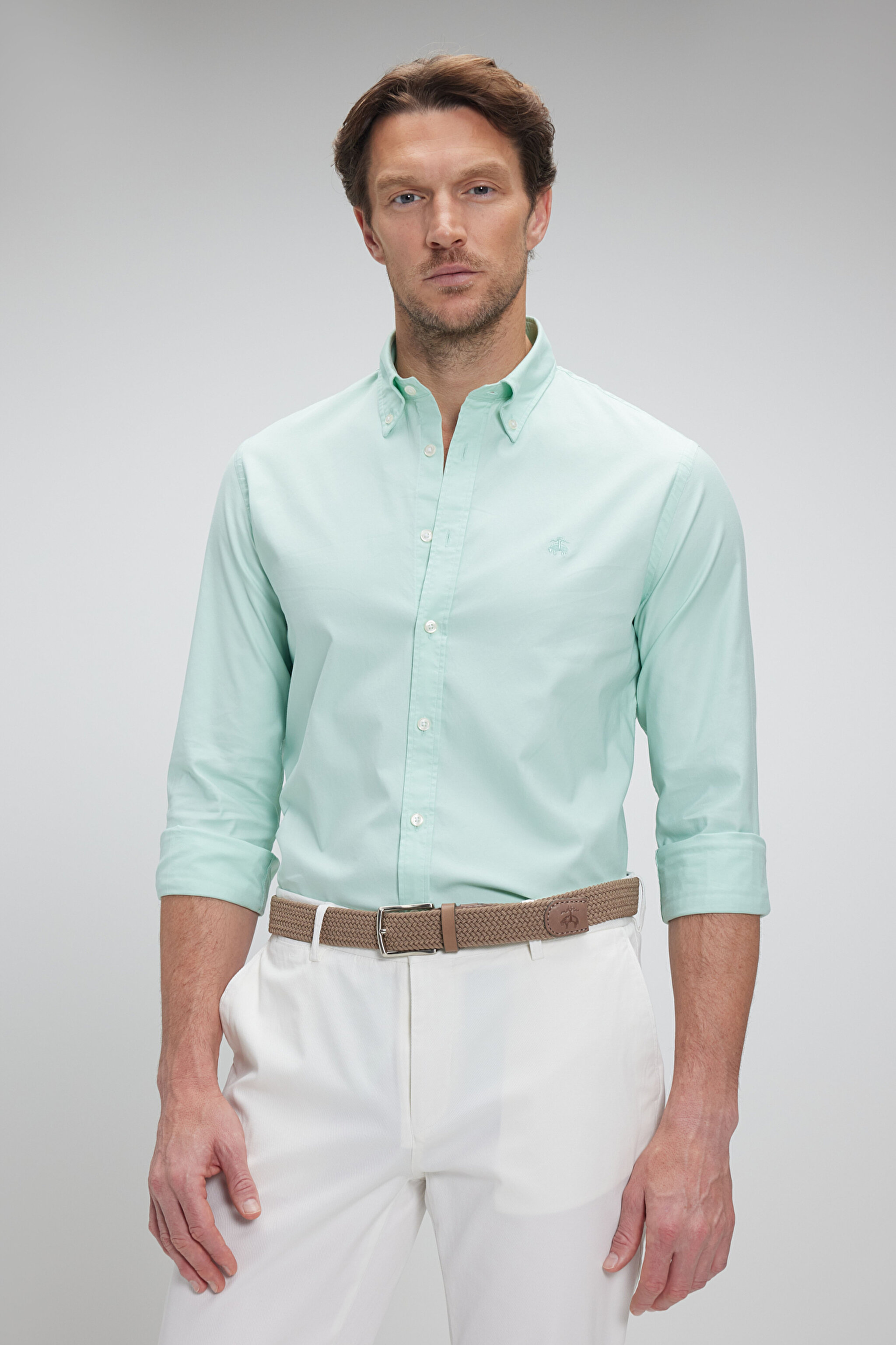 %100 Pamuk Düğmeli Yaka Slim Fit Oxford Gömlek - Mint (görsel 2)