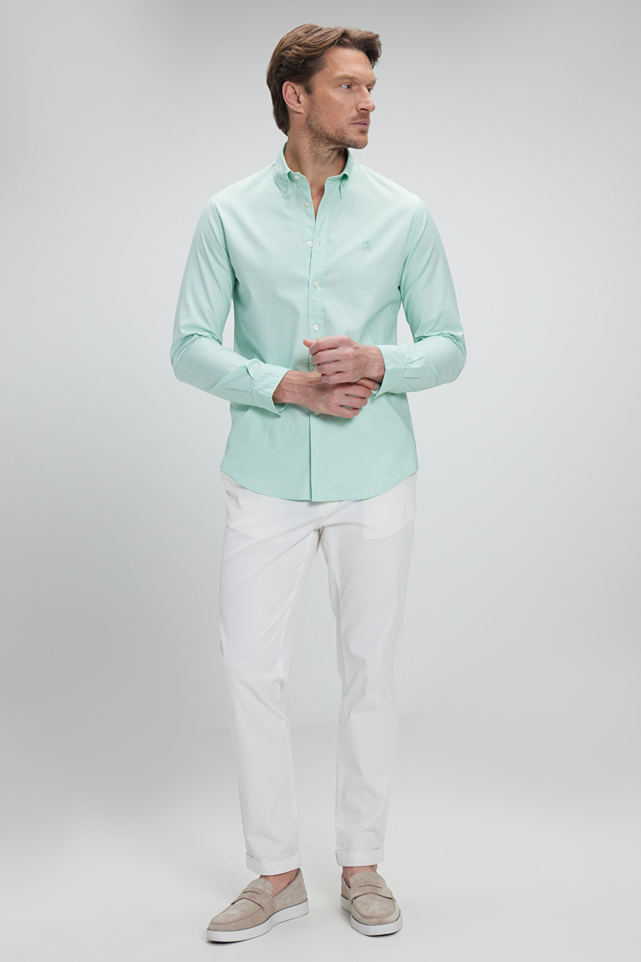 %100 Pamuk Düğmeli Yaka Slim Fit Oxford Gömlek - Mint (görsel 3)