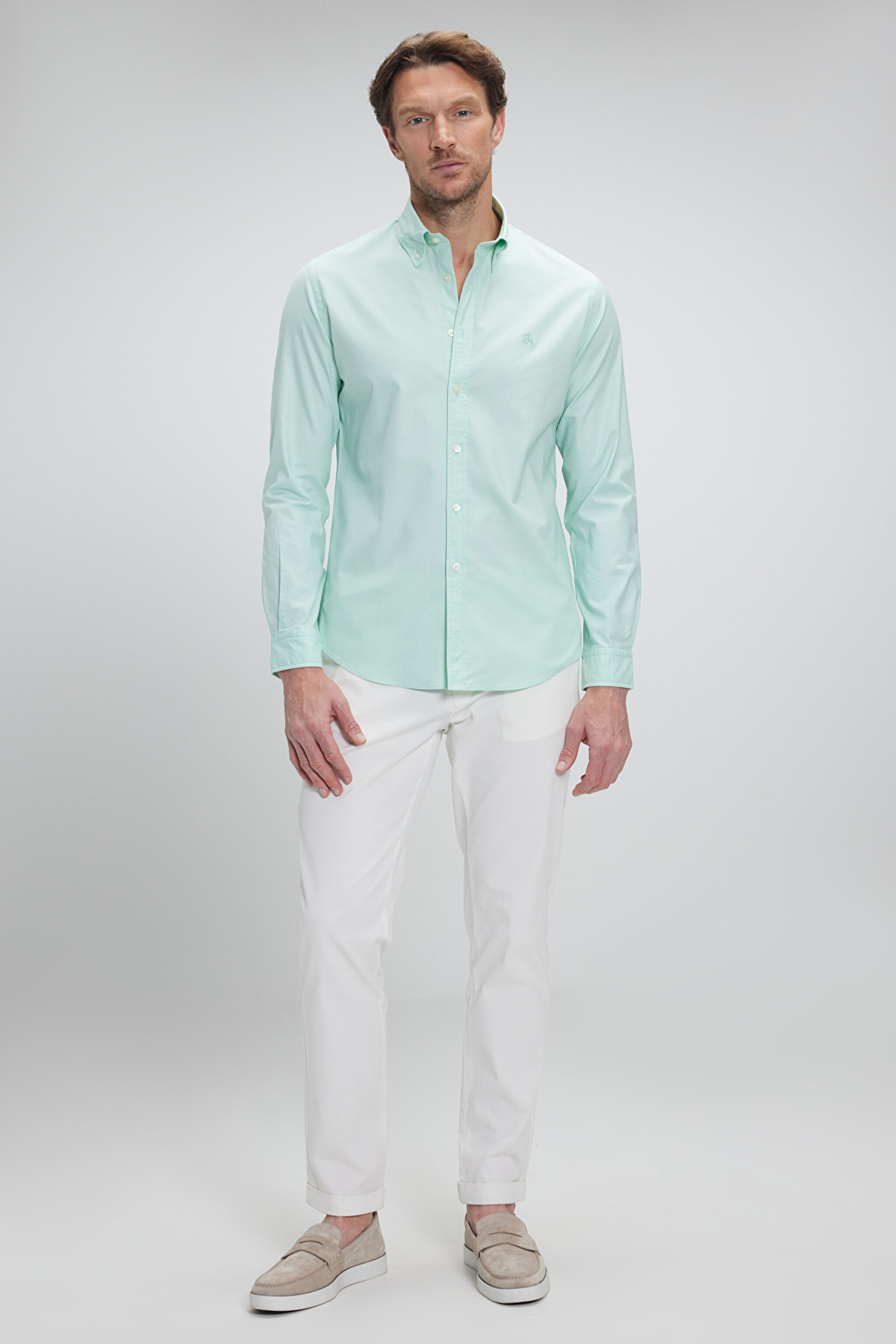 %100 Pamuk Düğmeli Yaka Slim Fit Oxford Gömlek - Mint (görsel 4)