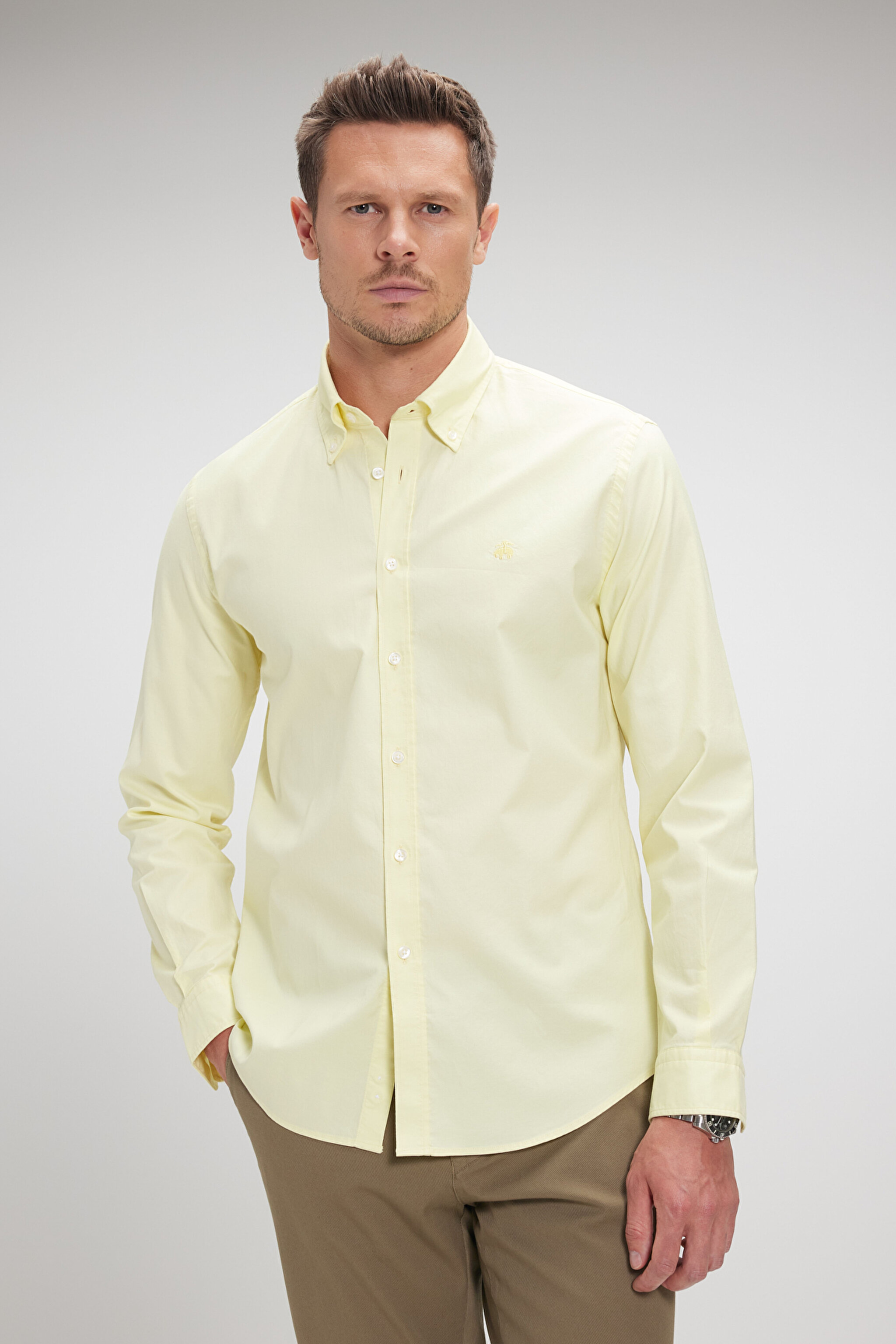 %100 Pamuk Düğmeli Yaka Slim Fit Oxford Gömlek - Sarı