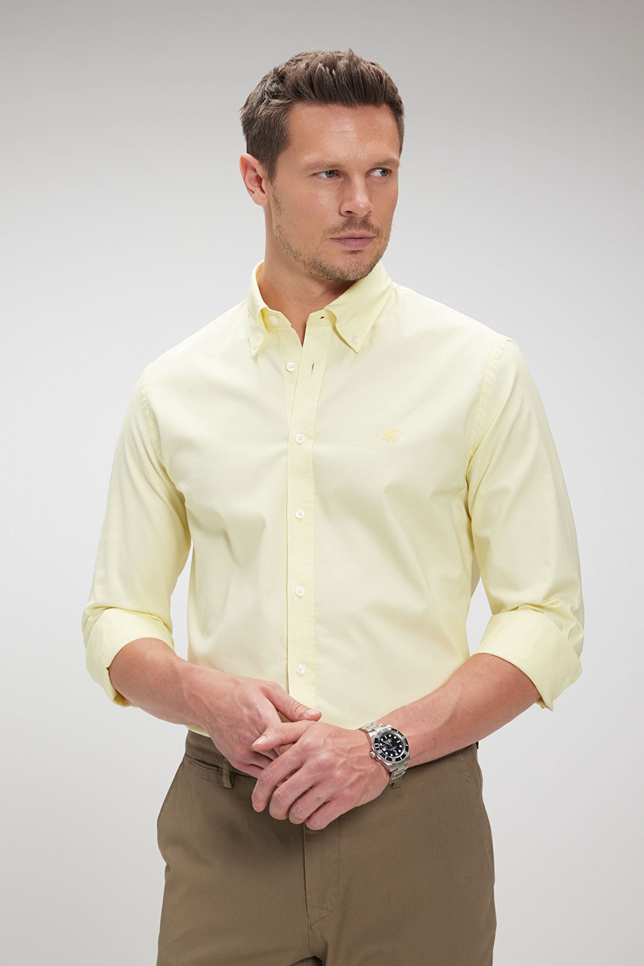 %100 Pamuk Düğmeli Yaka Slim Fit Oxford Gömlek - Sarı (görsel 4)