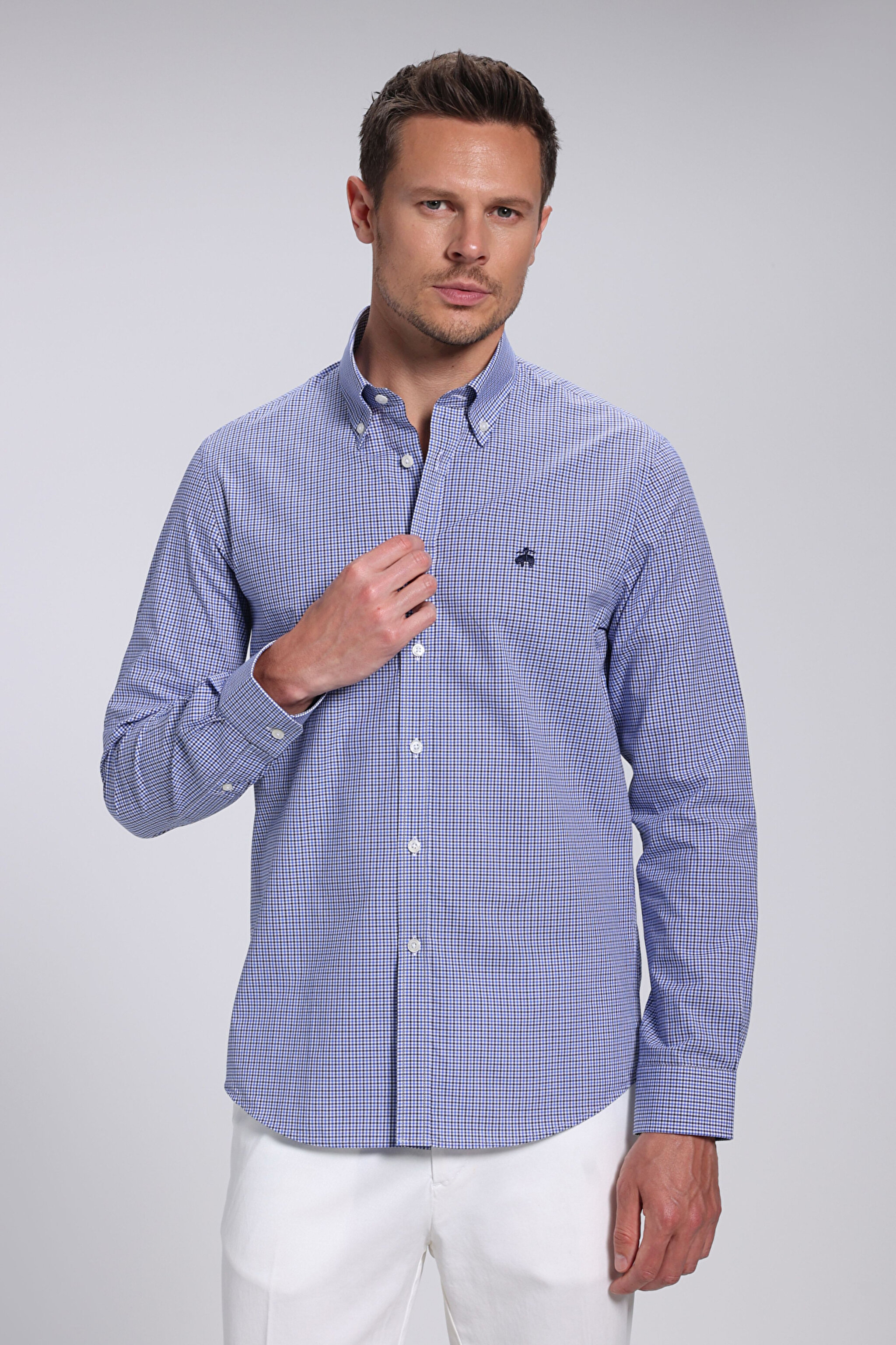 Slim Fit Pamuk Erkek Gömlek - Mavi Ekoseli