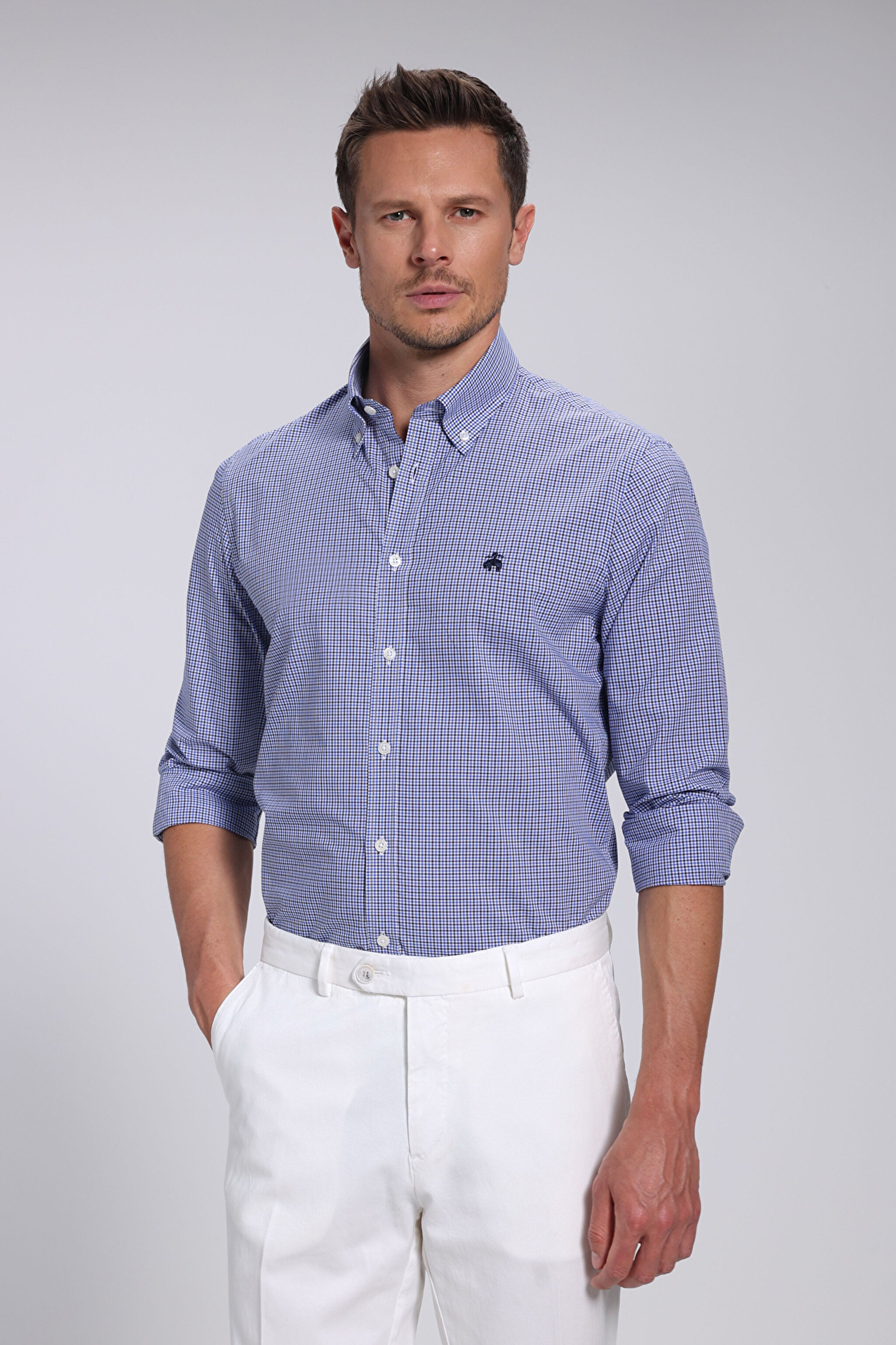Slim Fit Pamuk Erkek Gömlek - Mavi Ekoseli (görsel 2)