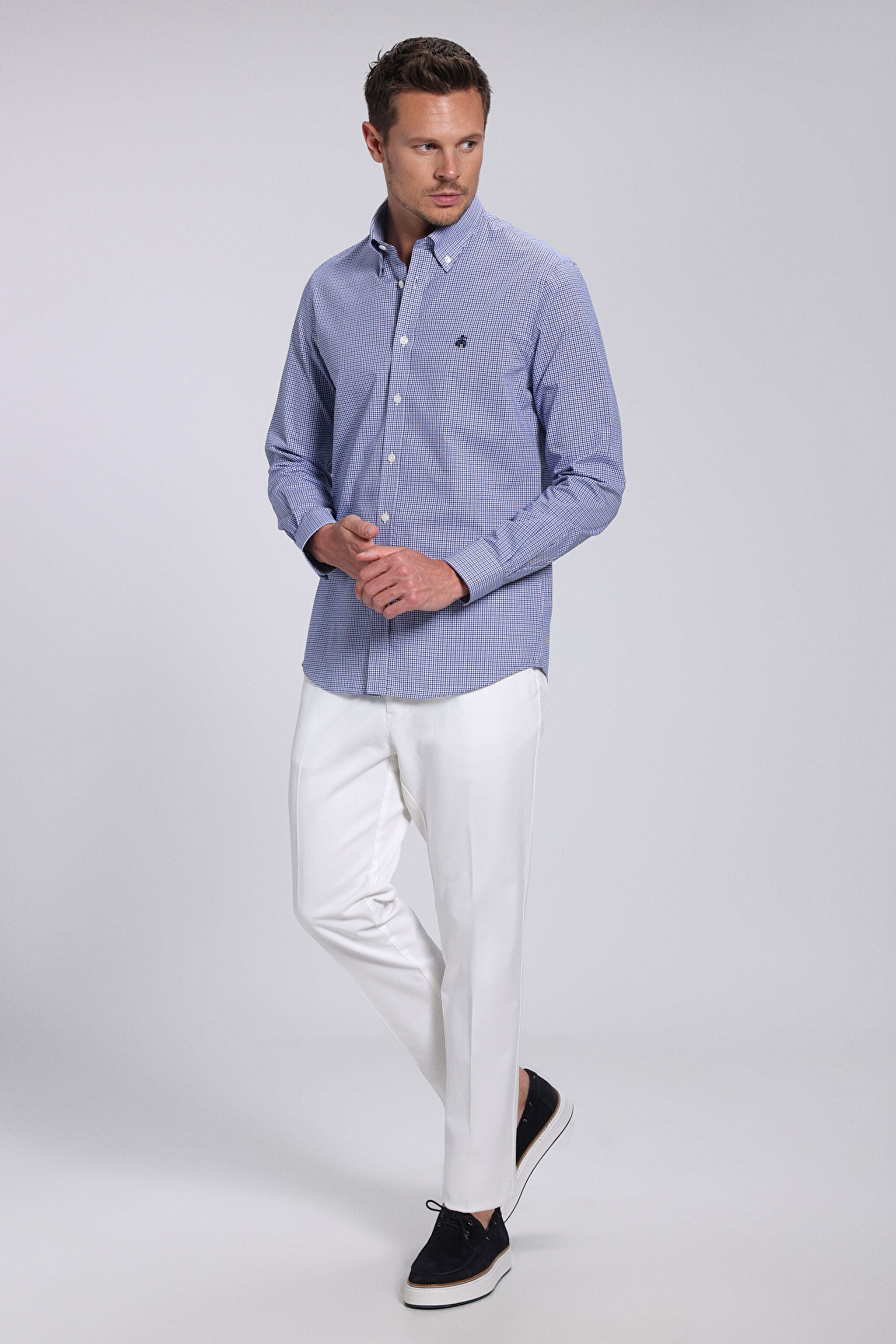 Slim Fit Pamuk Erkek Gömlek - Mavi Ekoseli (görsel 3)