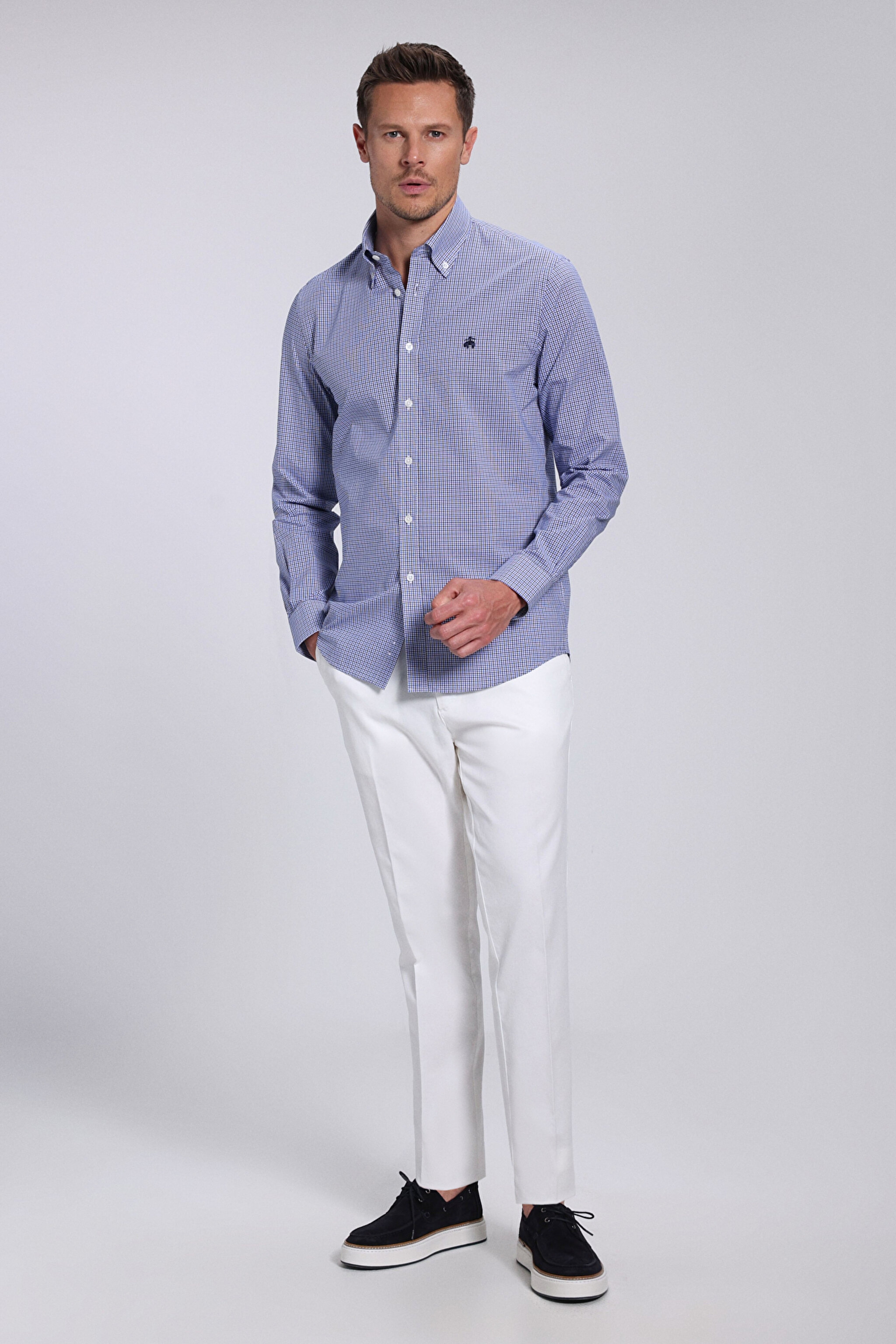 Slim Fit Pamuk Erkek Gömlek - Mavi Ekoseli (görsel 4)