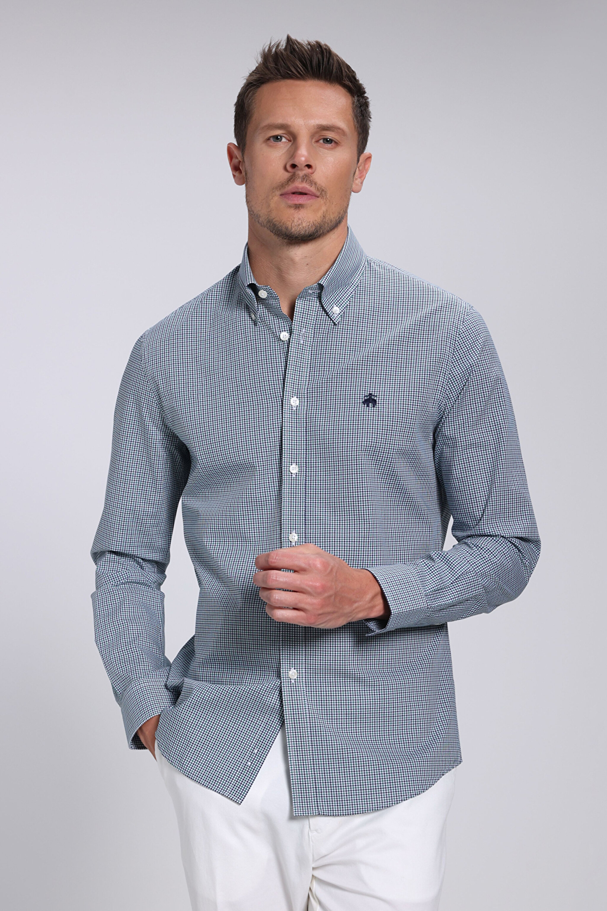 Slim Fit Pamuk Erkek Gömlek - Yeşil Ekoseli
