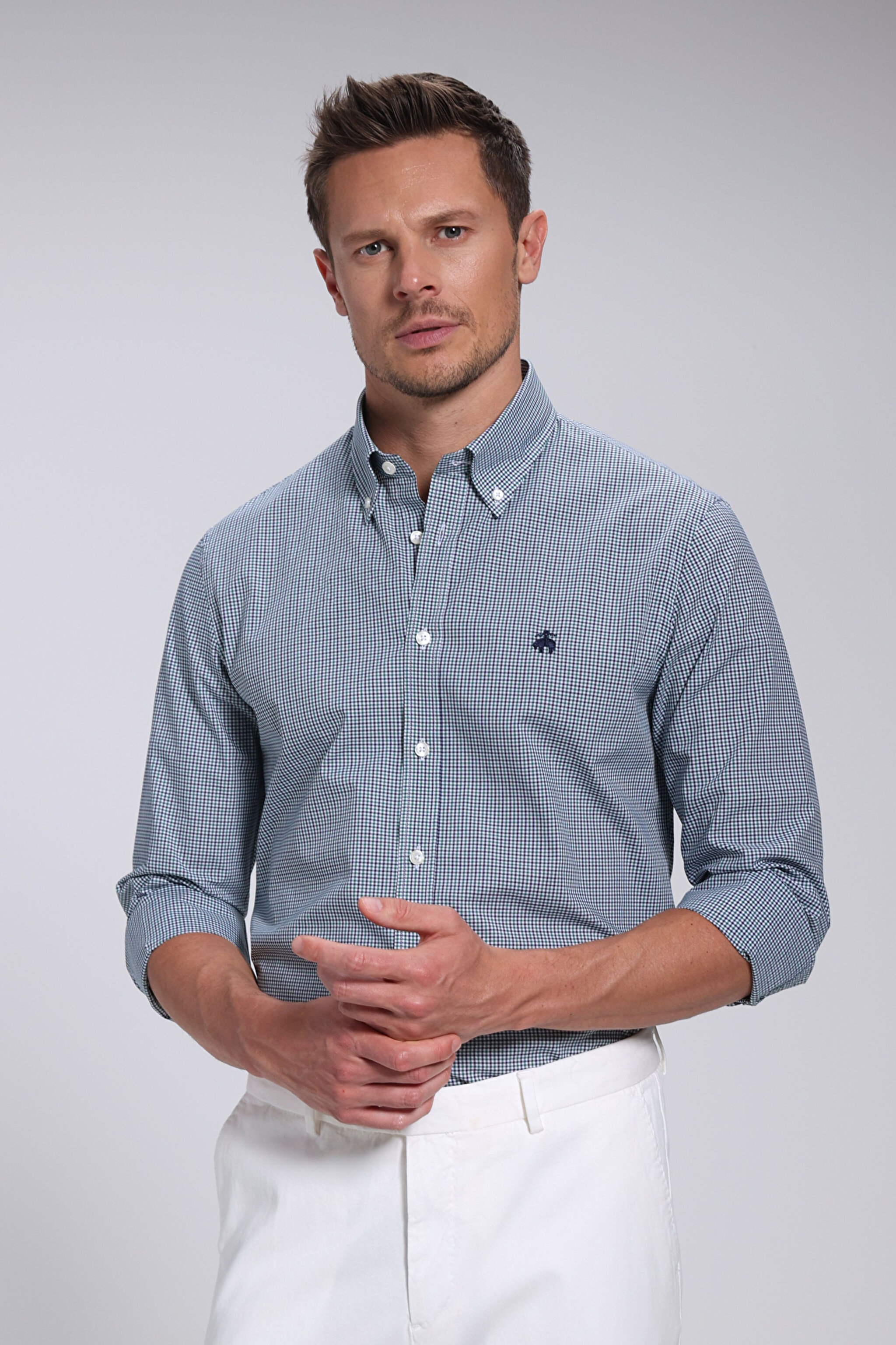 Slim Fit Pamuk Erkek Gömlek - Yeşil Ekoseli (görsel 2)