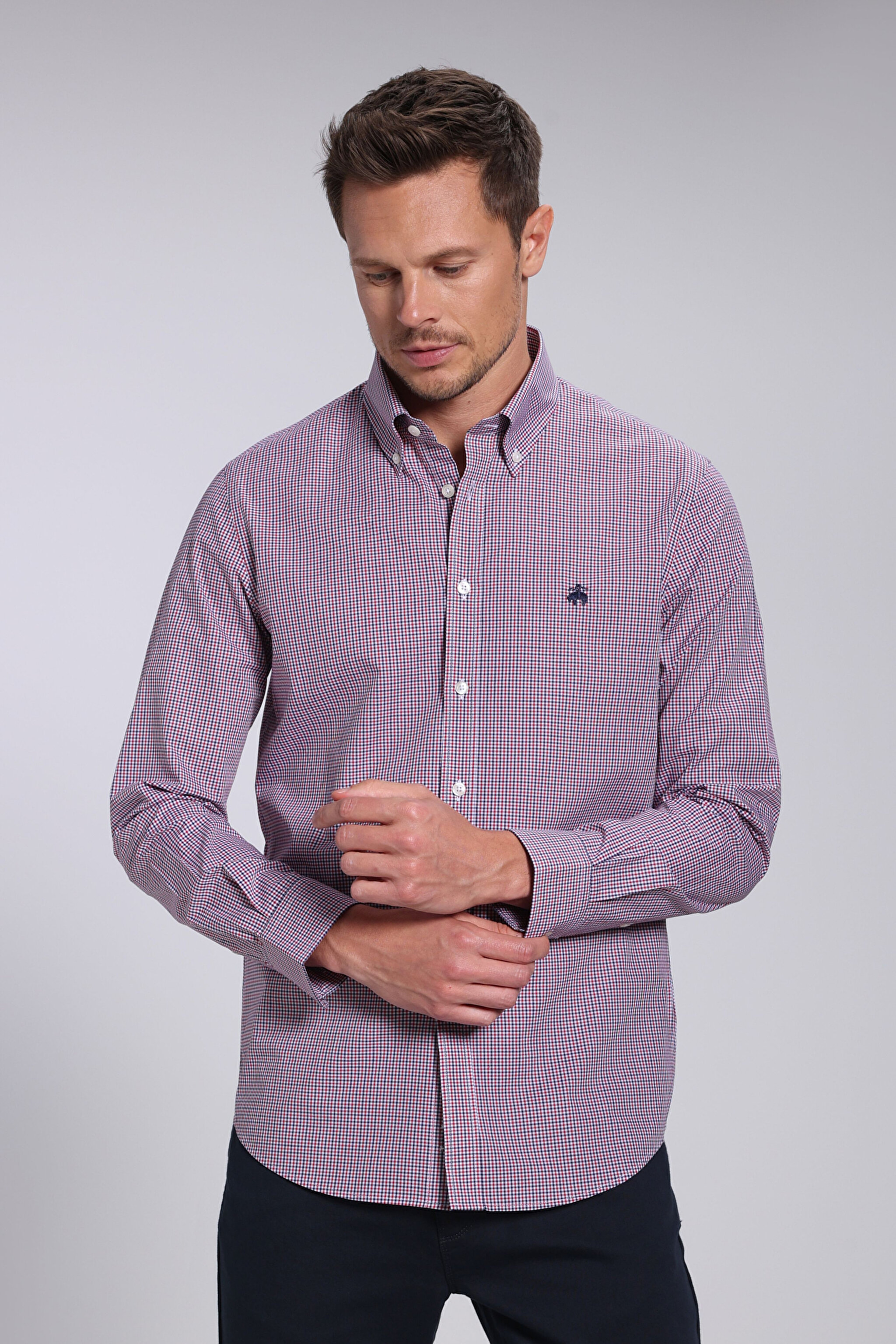Slim Fit Pamuk Erkek Gömlek - Kırmızı Ekoseli