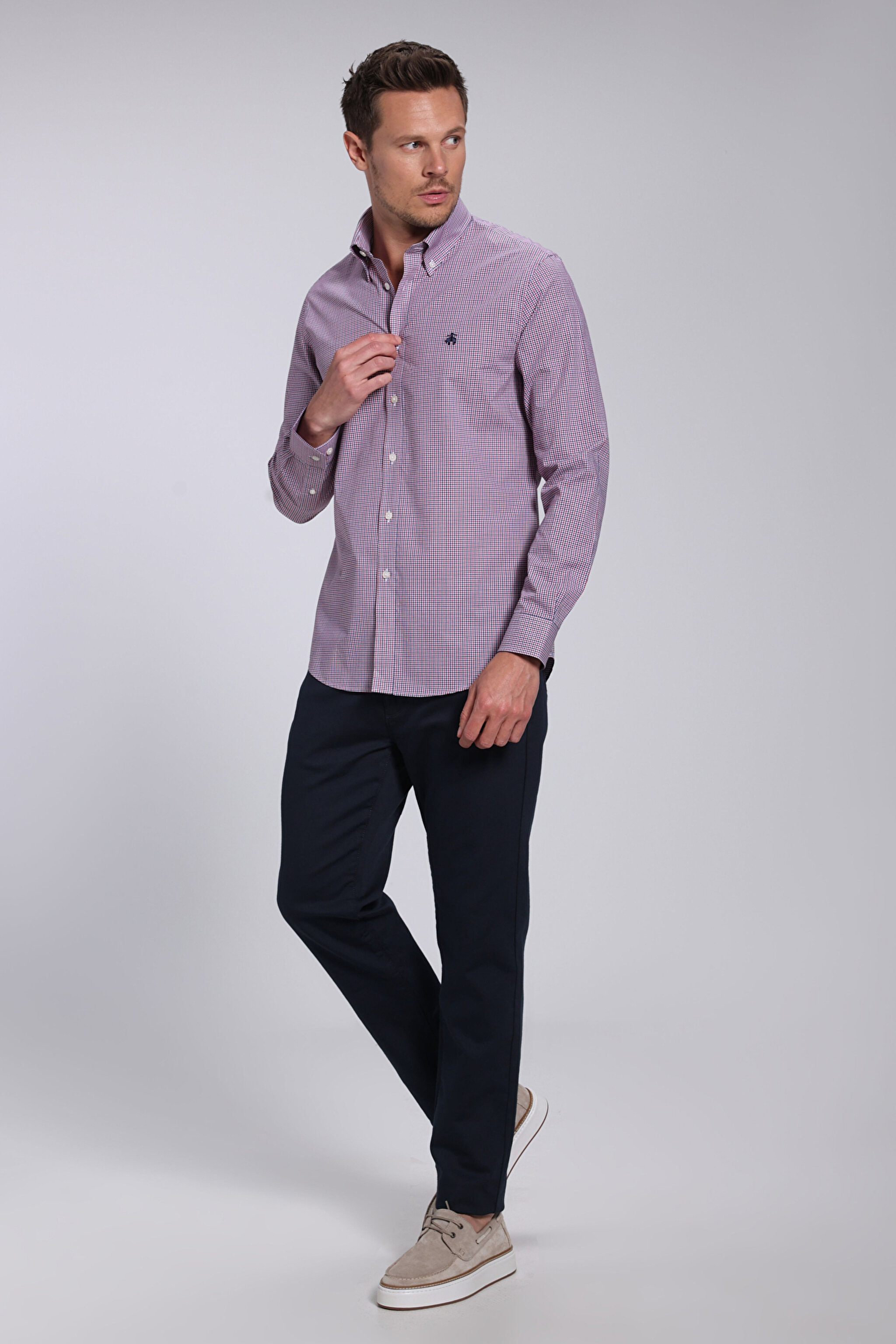 Slim Fit Pamuk Erkek Gömlek - Kırmızı Ekoseli (görsel 3)