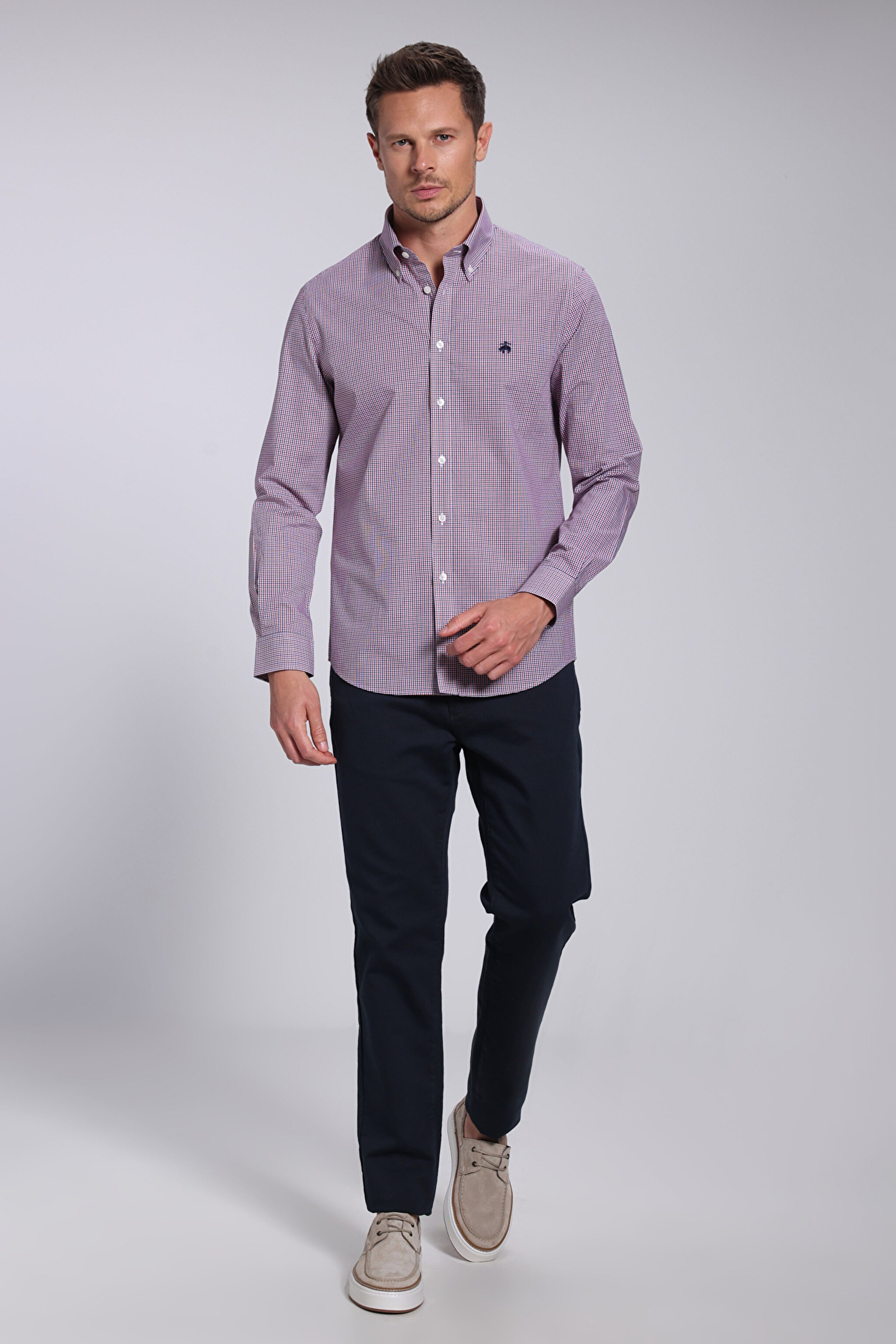 Slim Fit Pamuk Erkek Gömlek - Kırmızı Ekoseli (görsel 4)