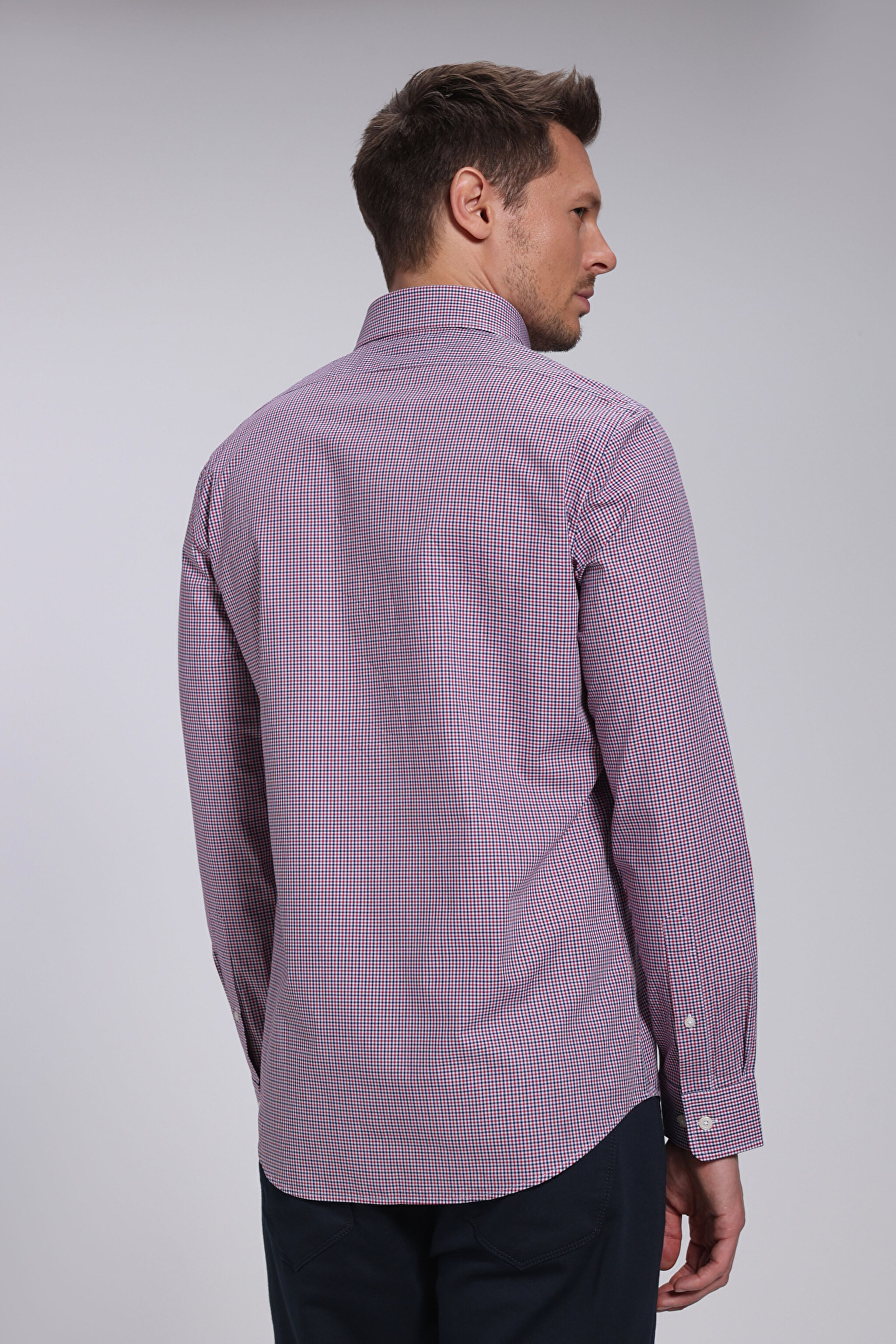 Slim Fit Pamuk Erkek Gömlek - Kırmızı Ekoseli (görsel 6)