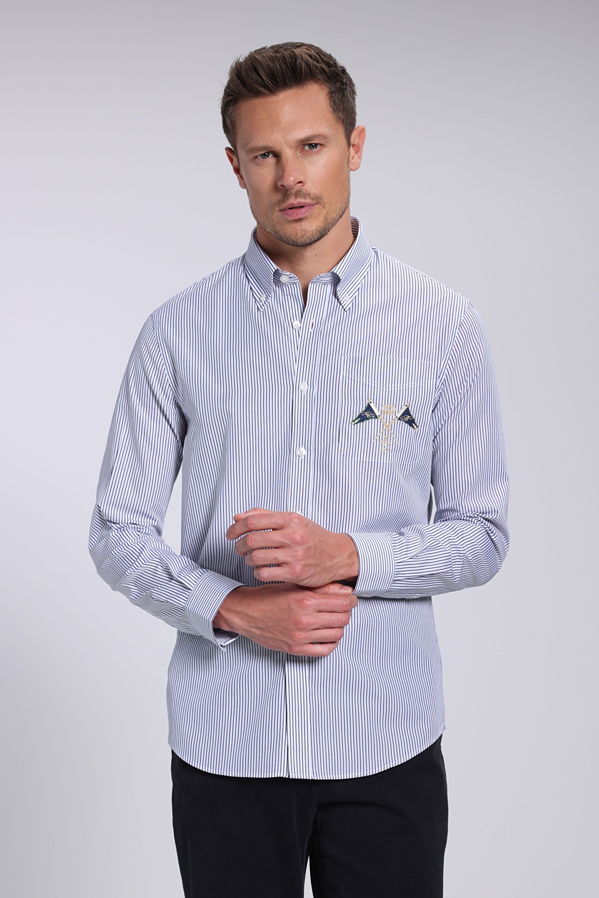 %100 Pamuk Düğmeli Yaka Slim Fit Logolu Gömlek - Lacivert Çizgili (görsel 2)