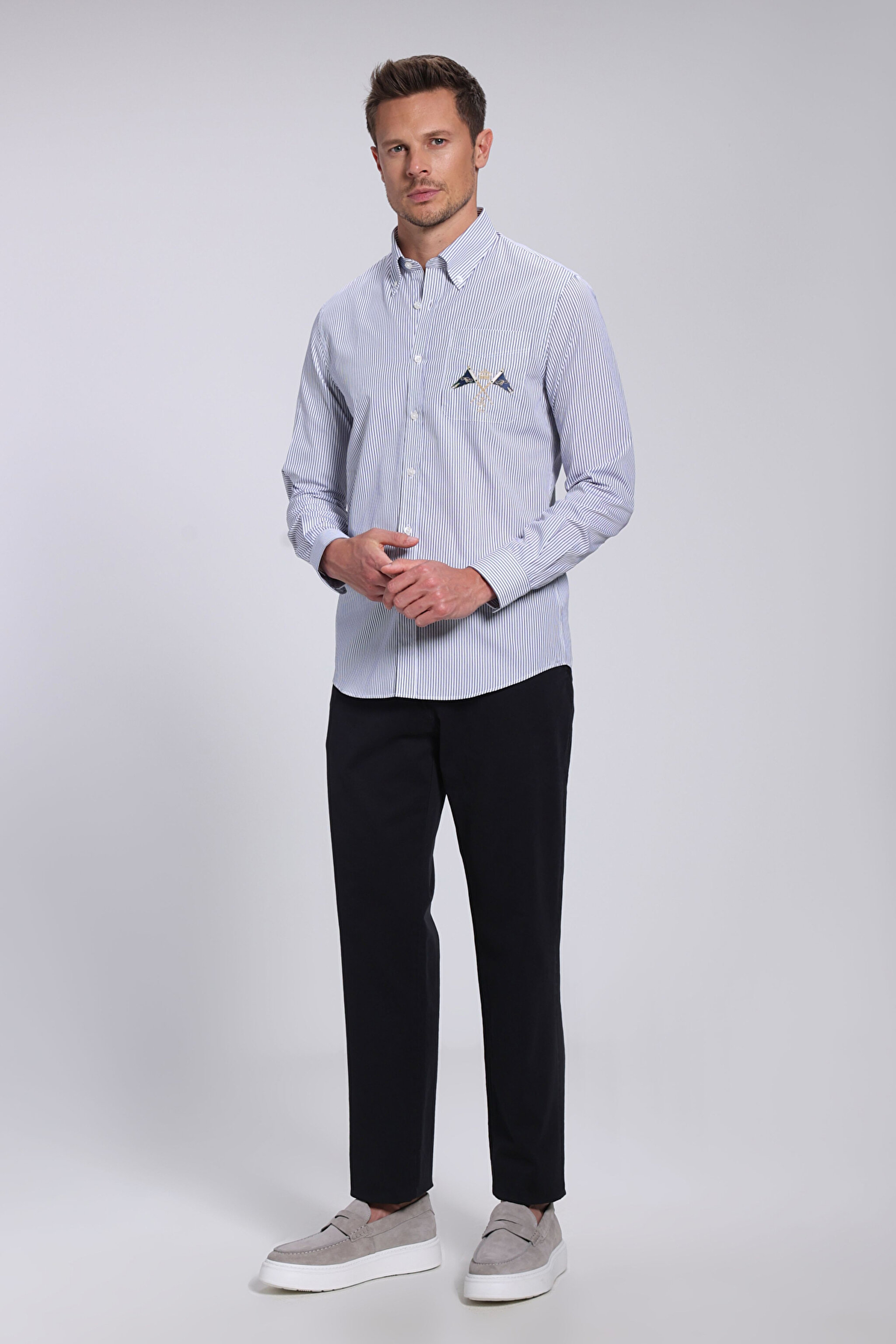 %100 Pamuk Düğmeli Yaka Slim Fit Logolu Gömlek - Lacivert Çizgili (görsel 5)