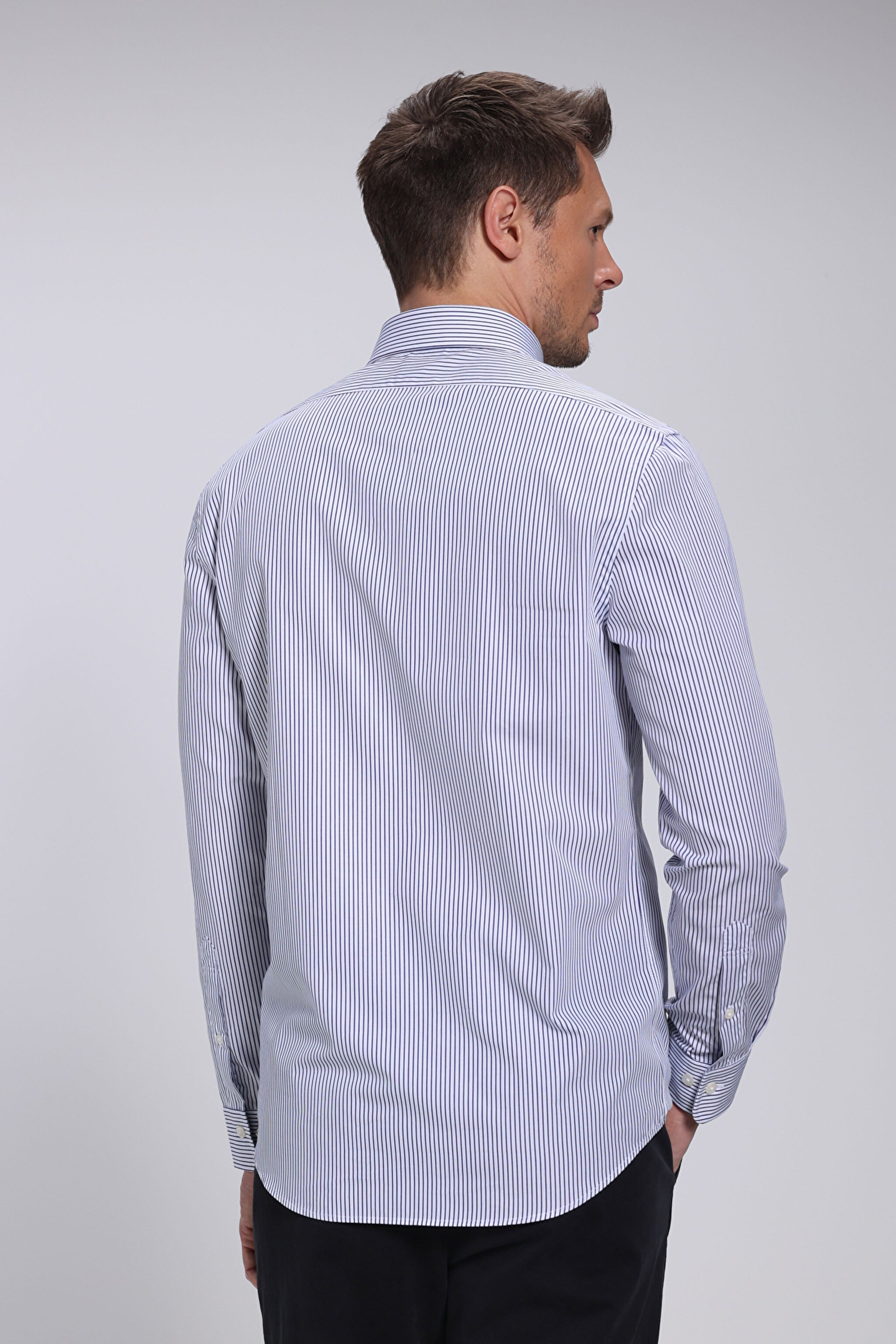 %100 Pamuk Düğmeli Yaka Slim Fit Logolu Gömlek - Lacivert Çizgili (görsel 7)