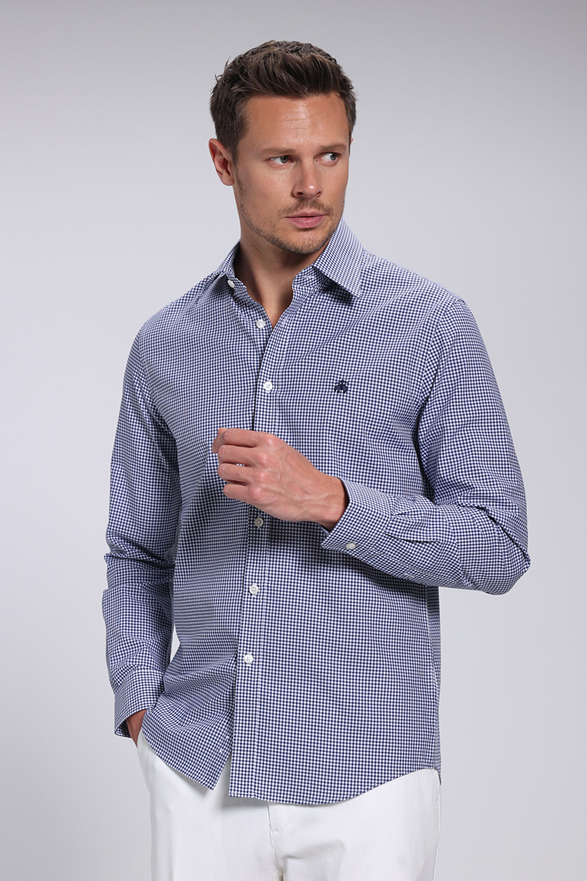 Erkek Slim Fit Klasik Yaka Gömlek - Lacivert Ekoseli (görsel 2)