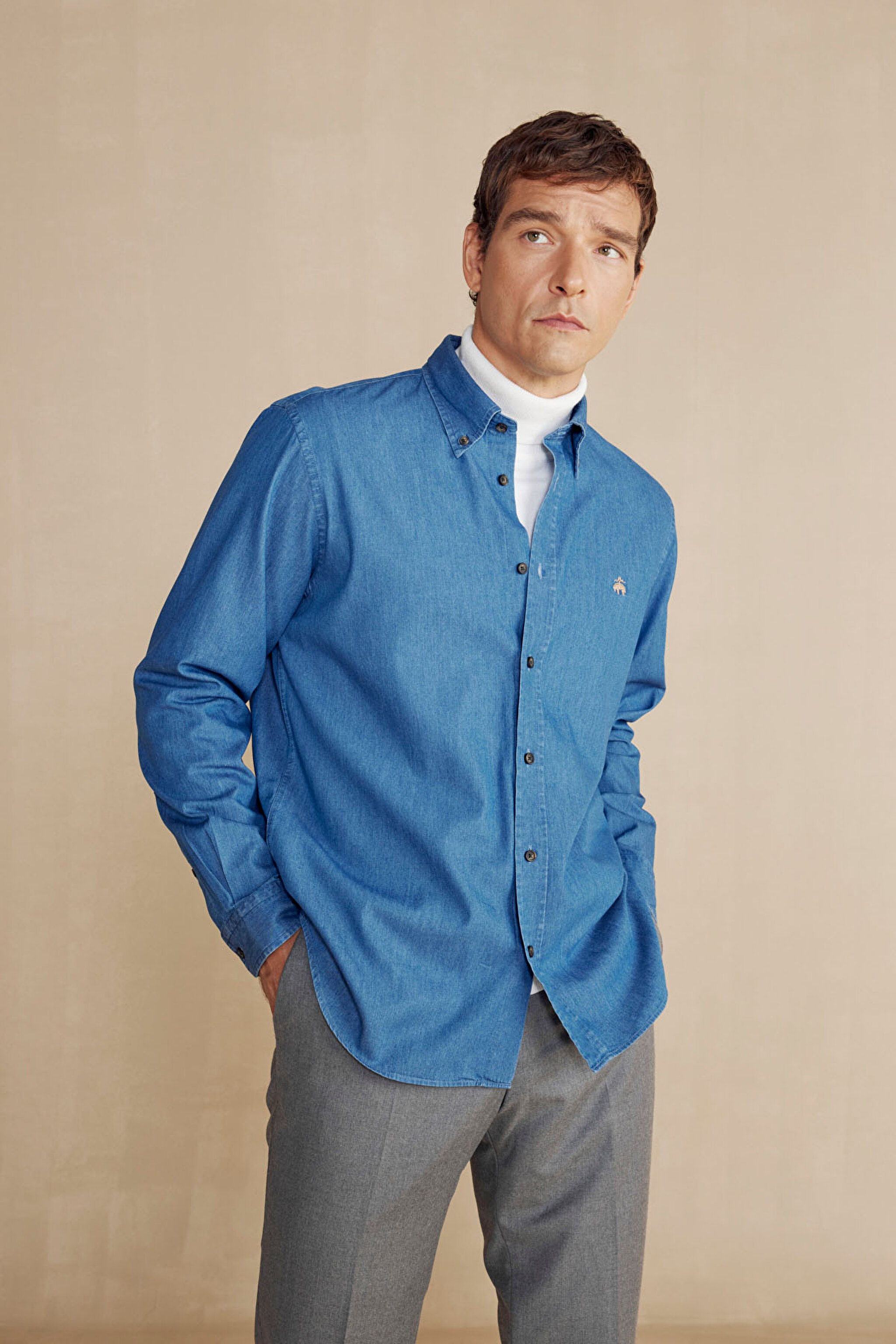 %100 Pamuk Nakış Logolu Denim Gömlek - Indigo