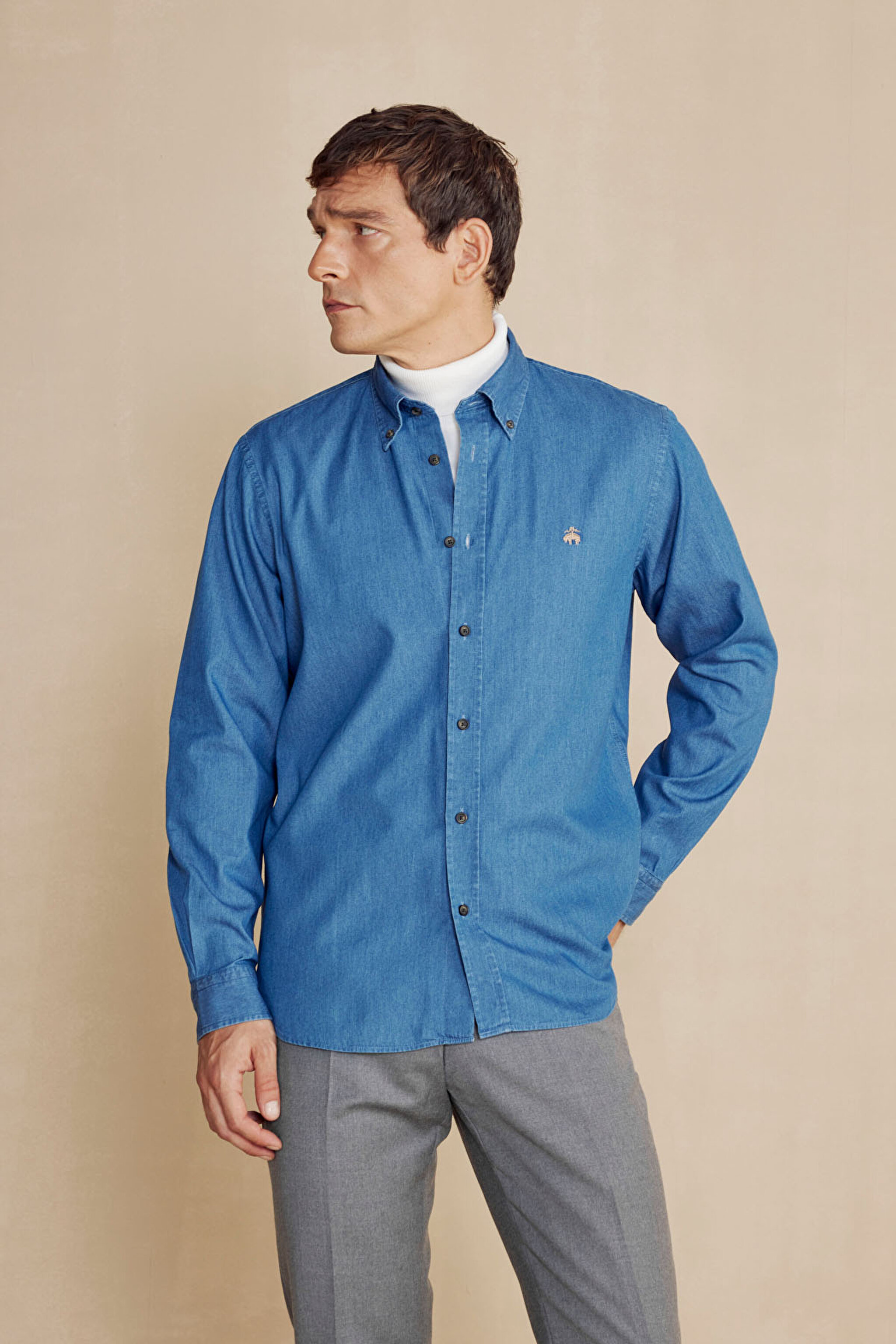%100 Pamuk Nakış Logolu Denim Gömlek - Indigo (görsel 2)