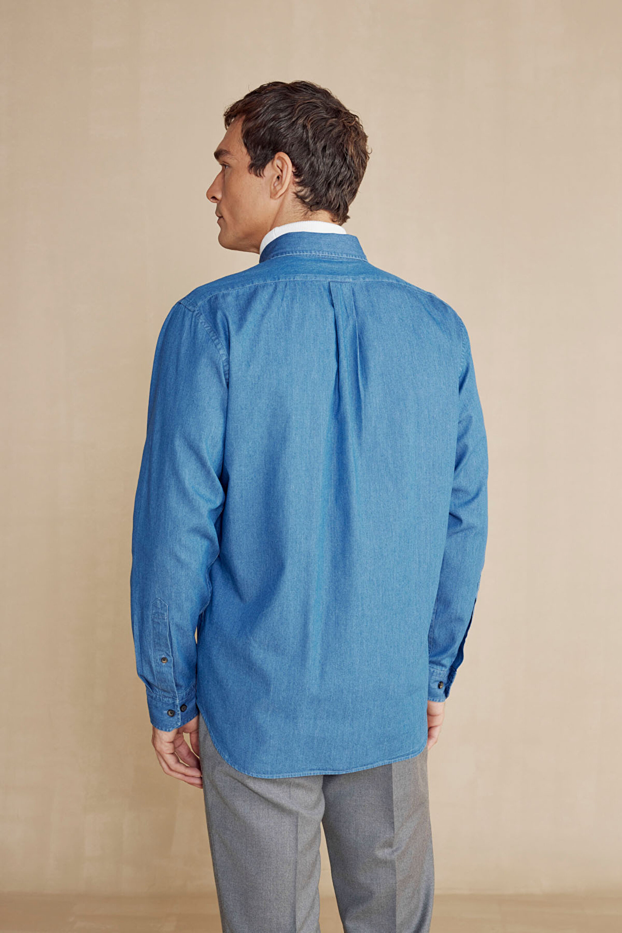 %100 Pamuk Nakış Logolu Denim Gömlek - Indigo (görsel 5)