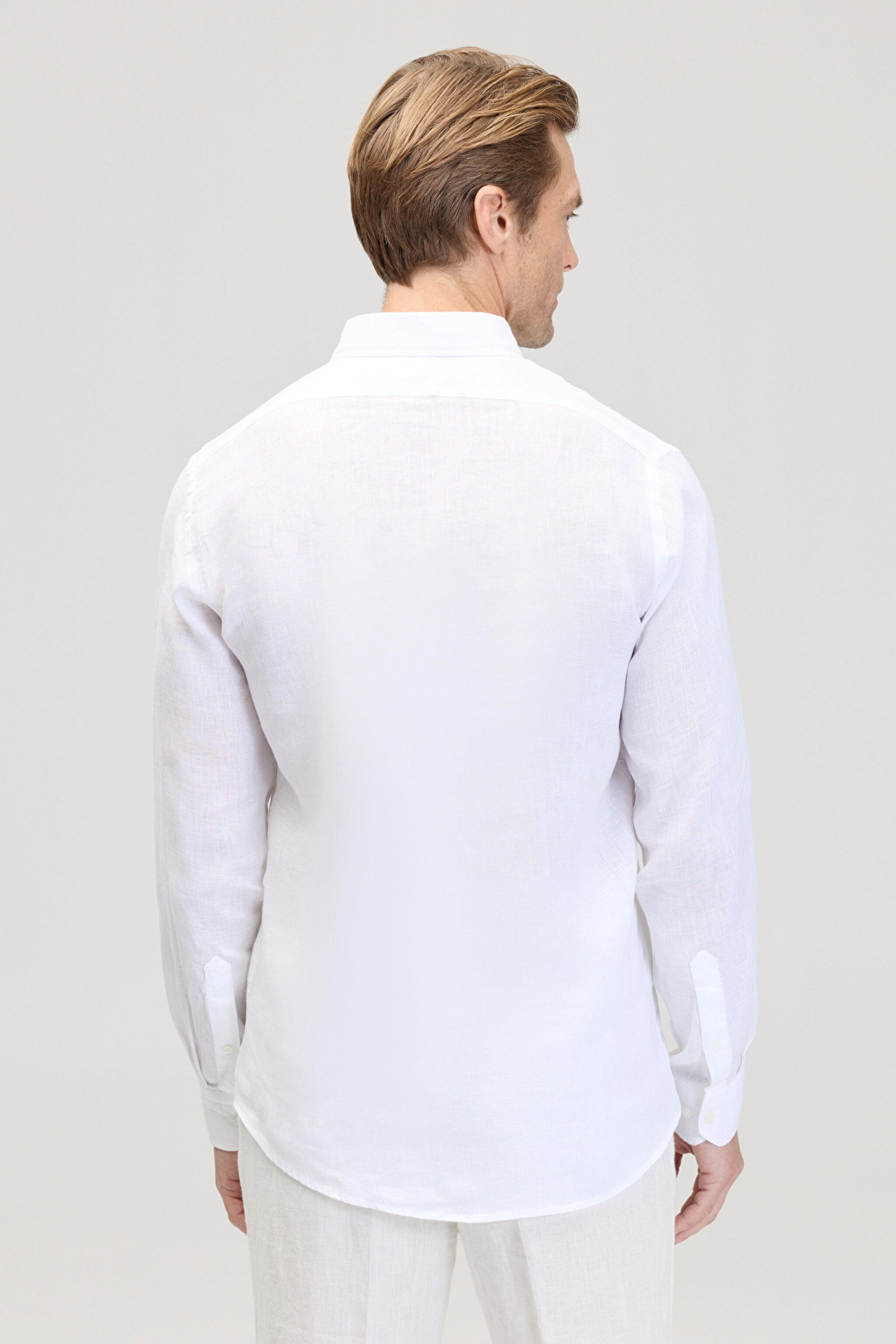 %100 Keten Düğmeli Yaka Slim Fit Gömlek - Beyaz (görsel 5)