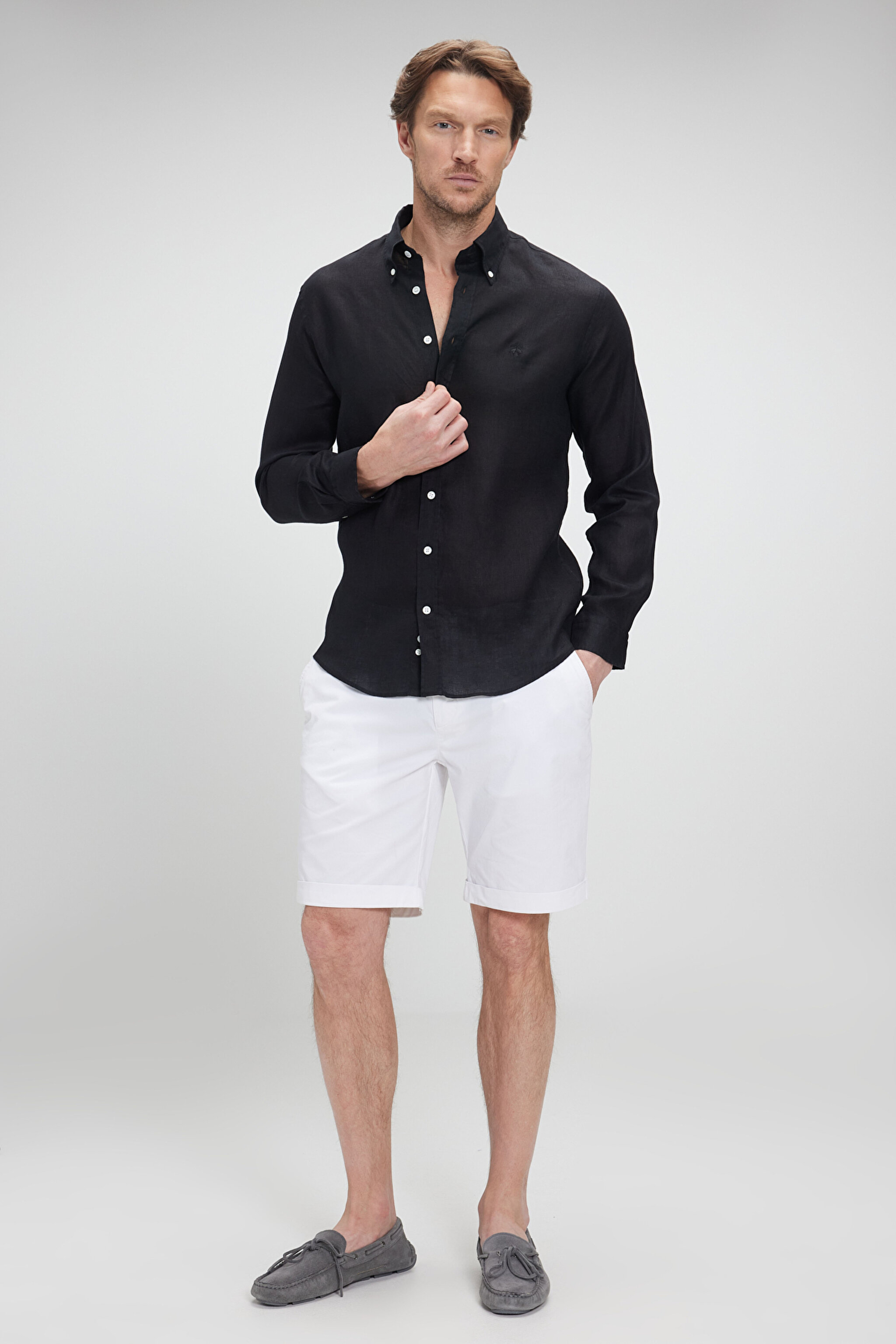 %100 Keten Düğmeli Yaka Slim Fit Gömlek - Siyah