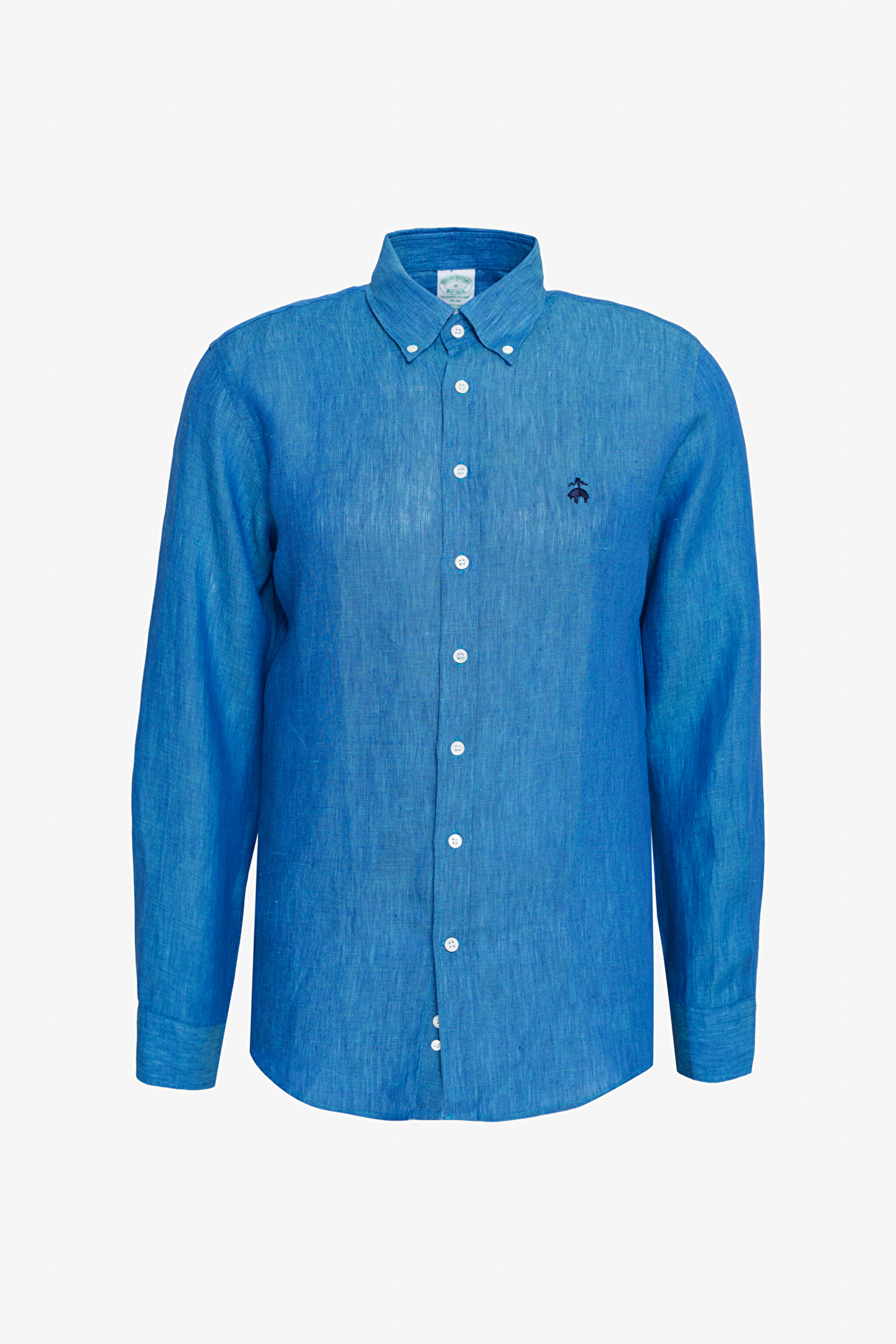 %100 Keten Düğmeli Yaka Slim Fit Gömlek - Mavi