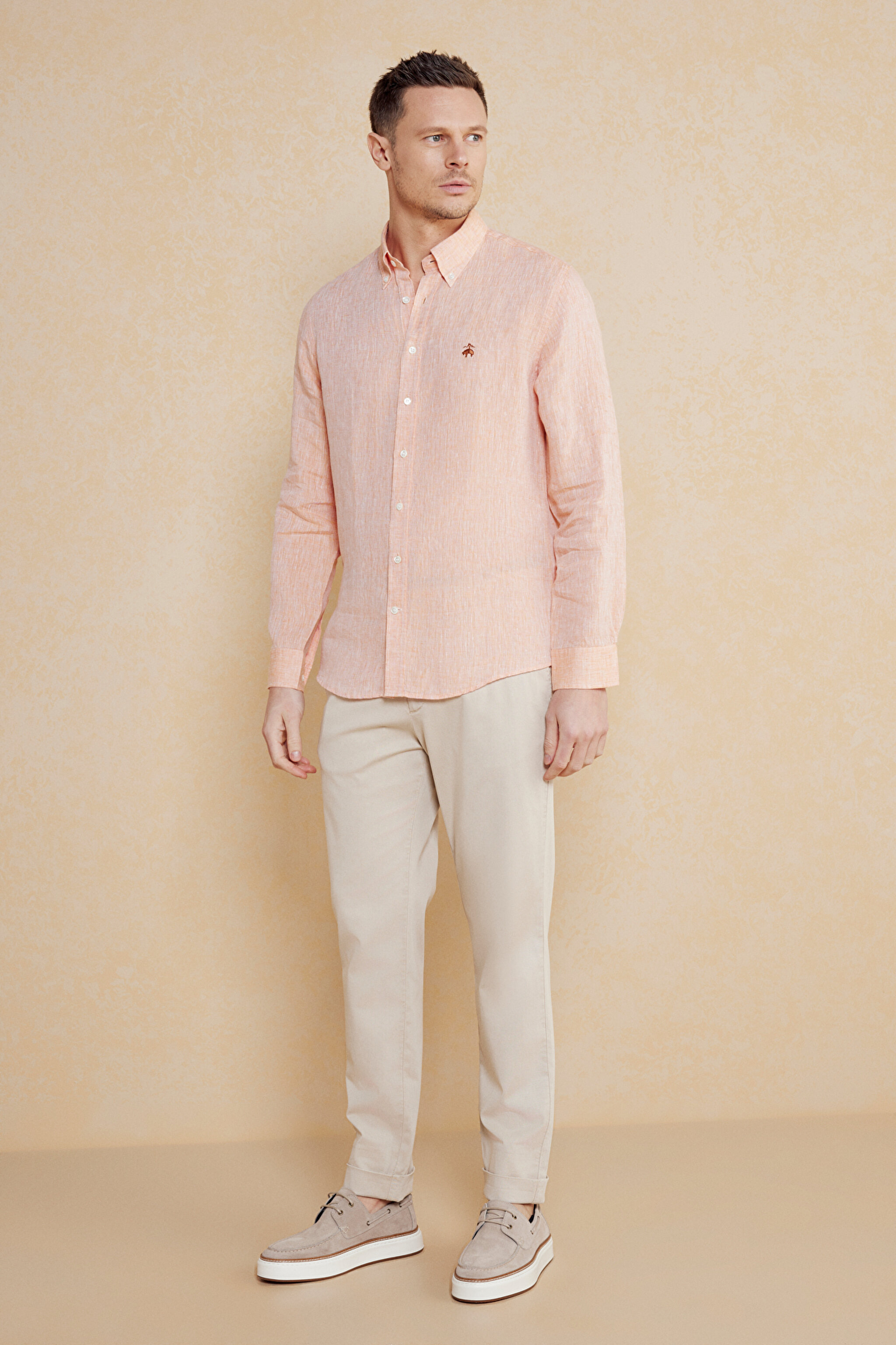 %100 Keten Düğmeli Yaka Slim Fit Gömlek - Turuncu (görsel 3)