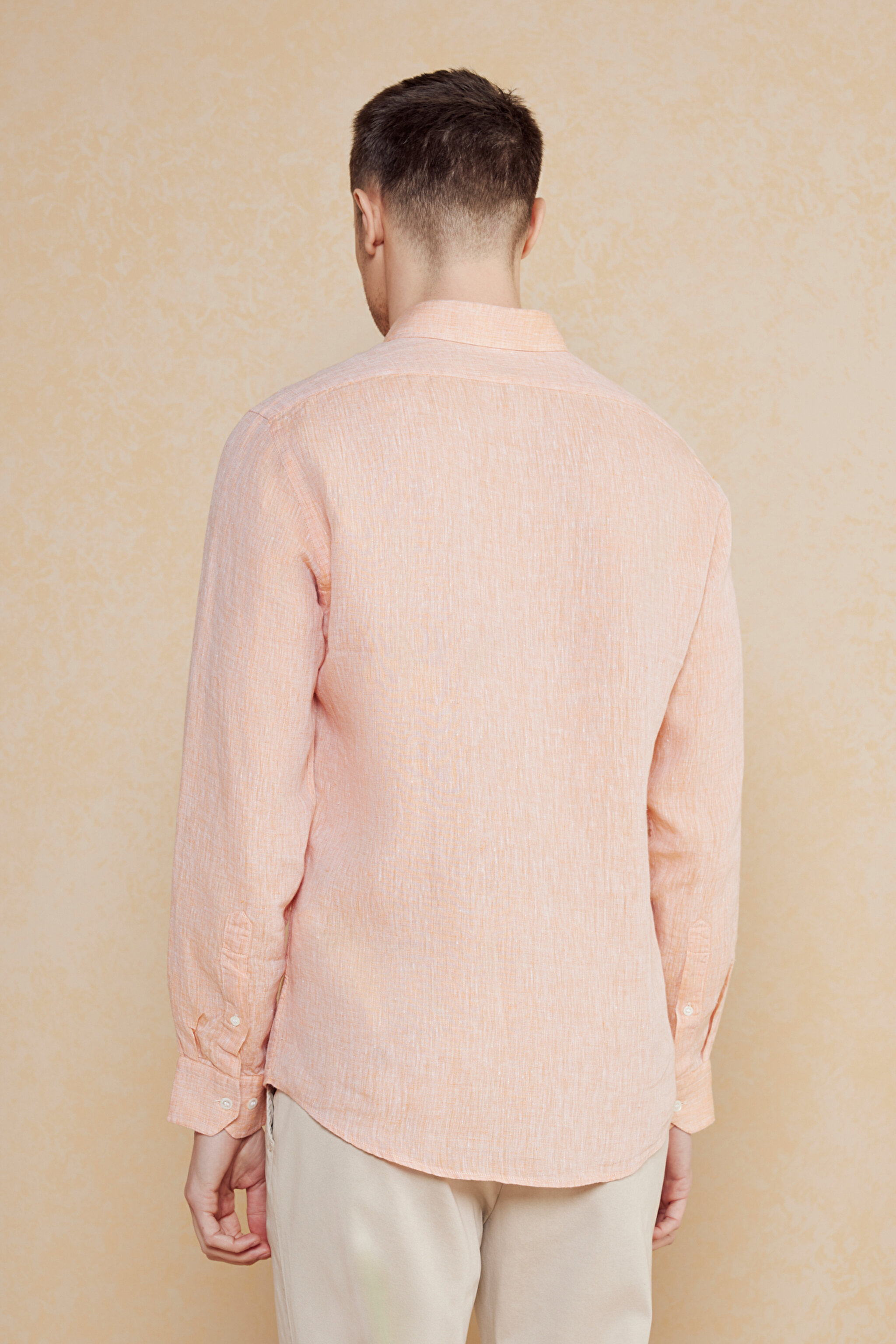 %100 Keten Düğmeli Yaka Slim Fit Gömlek - Turuncu (görsel 5)