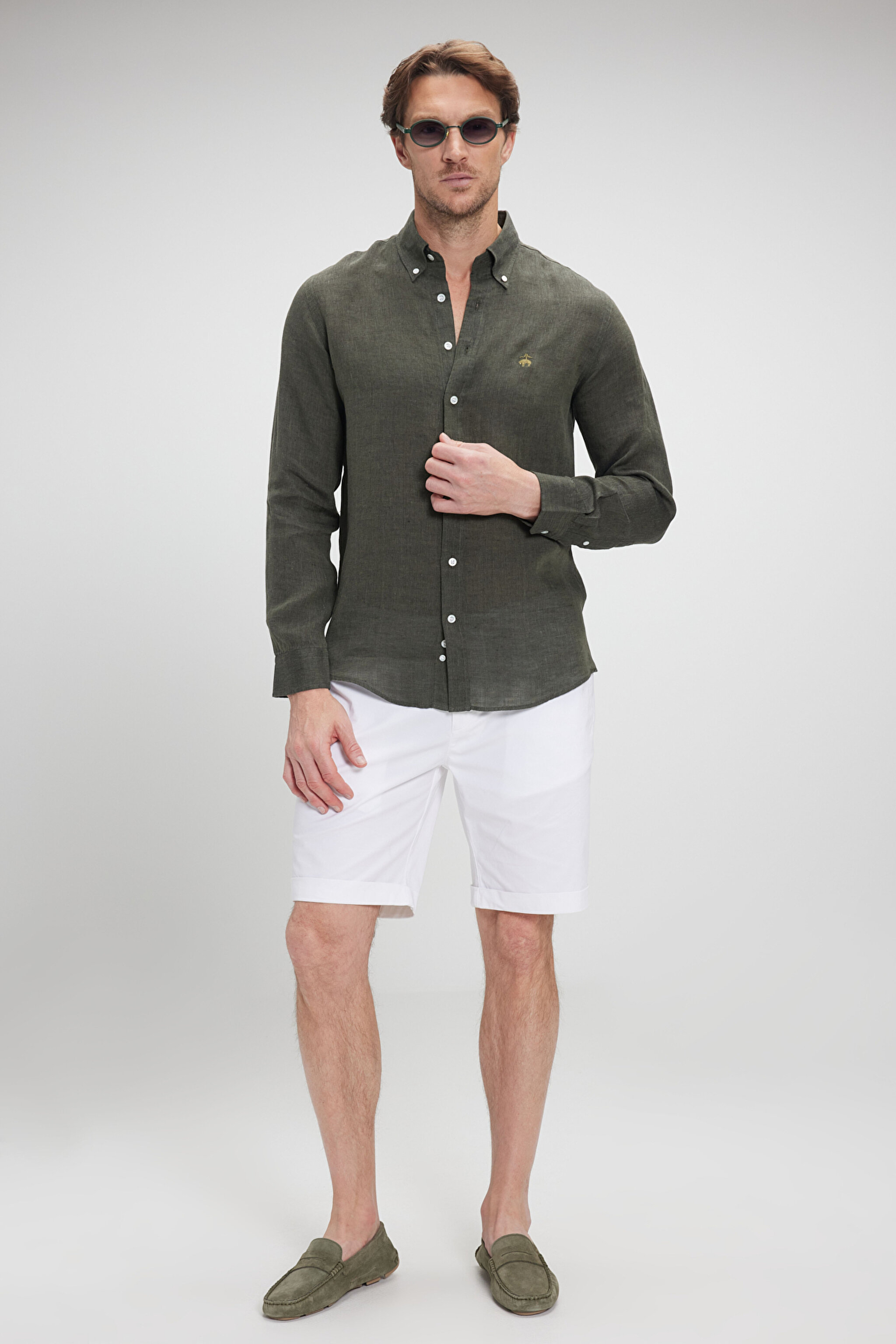 %100 Keten Düğmeli Yaka Slim Fit Gömlek - Haki (görsel 2)