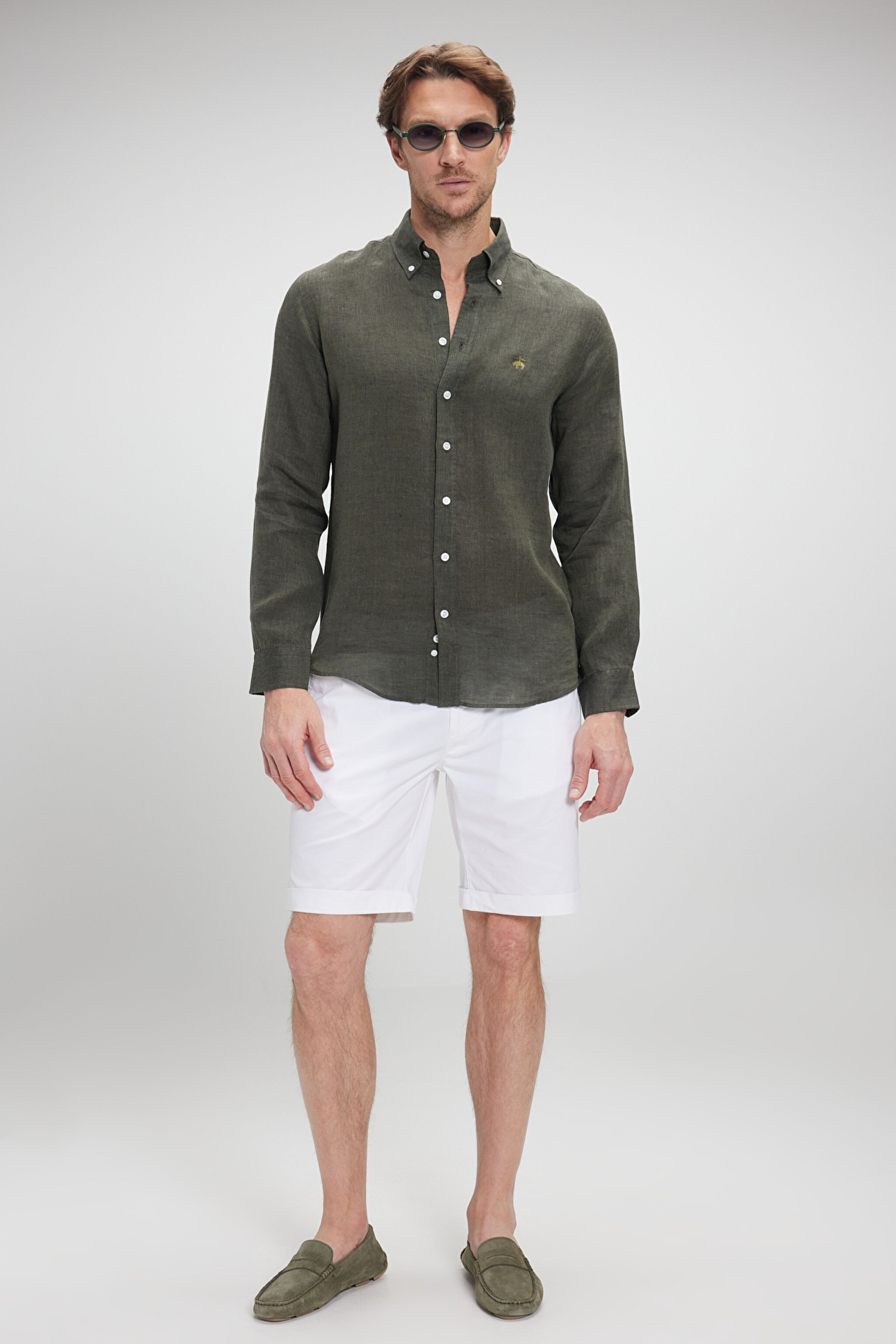 %100 Keten Düğmeli Yaka Slim Fit Gömlek - Haki (görsel 3)