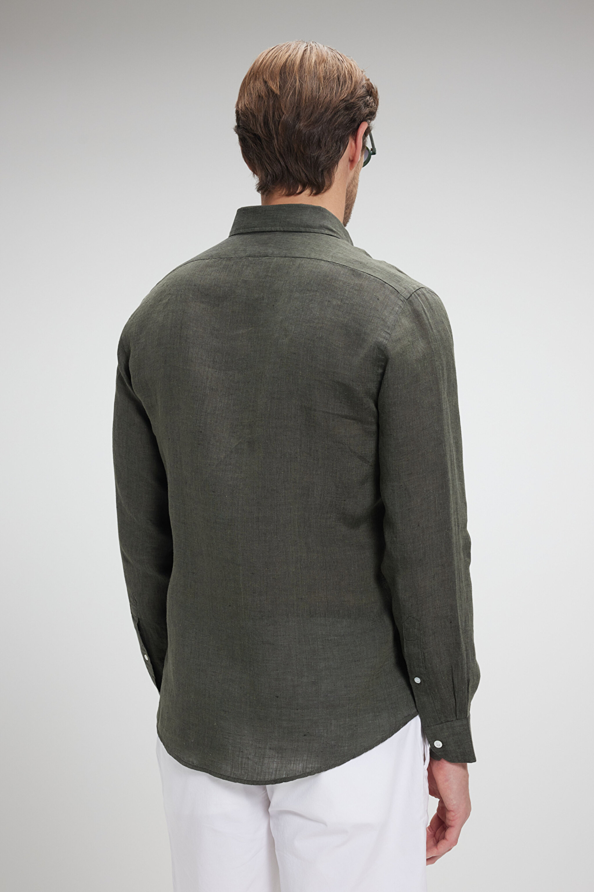 %100 Keten Düğmeli Yaka Slim Fit Gömlek - Haki (görsel 5)