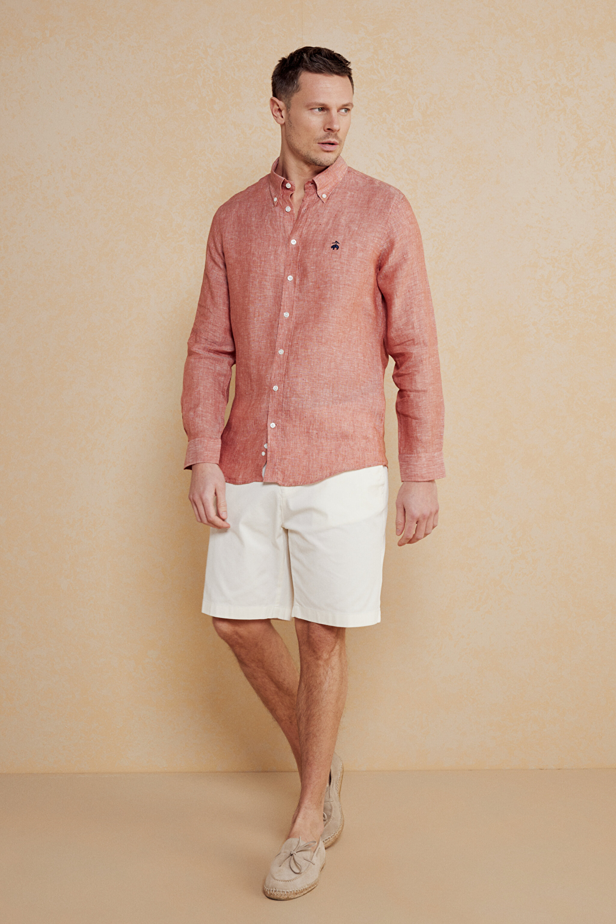 %100 Keten Düğmeli Yaka Slim Fit Gömlek - Koyu Kiremit (görsel 3)