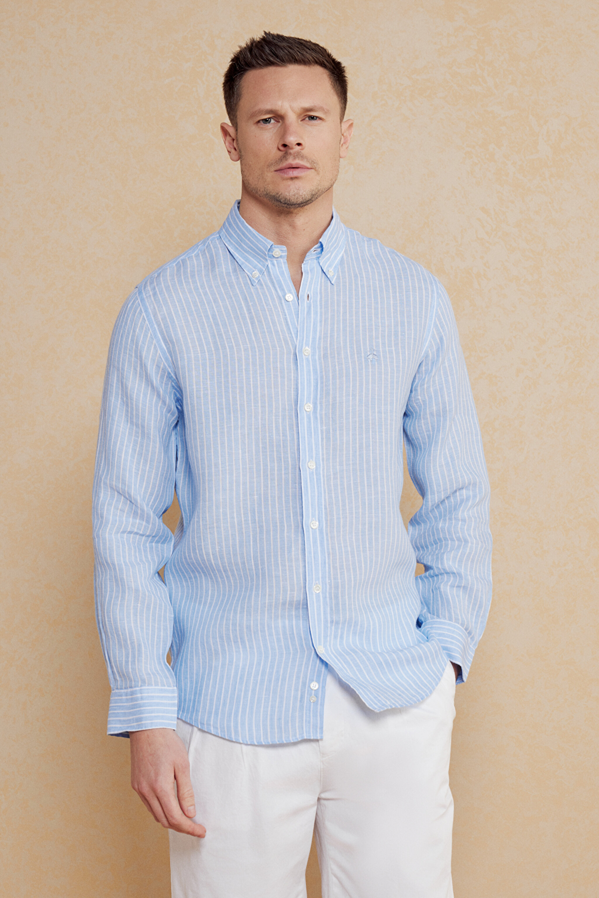 %100 Keten Düğmeli Yaka Slim Fit Çizgili Gömlek - Mavi Çizgili