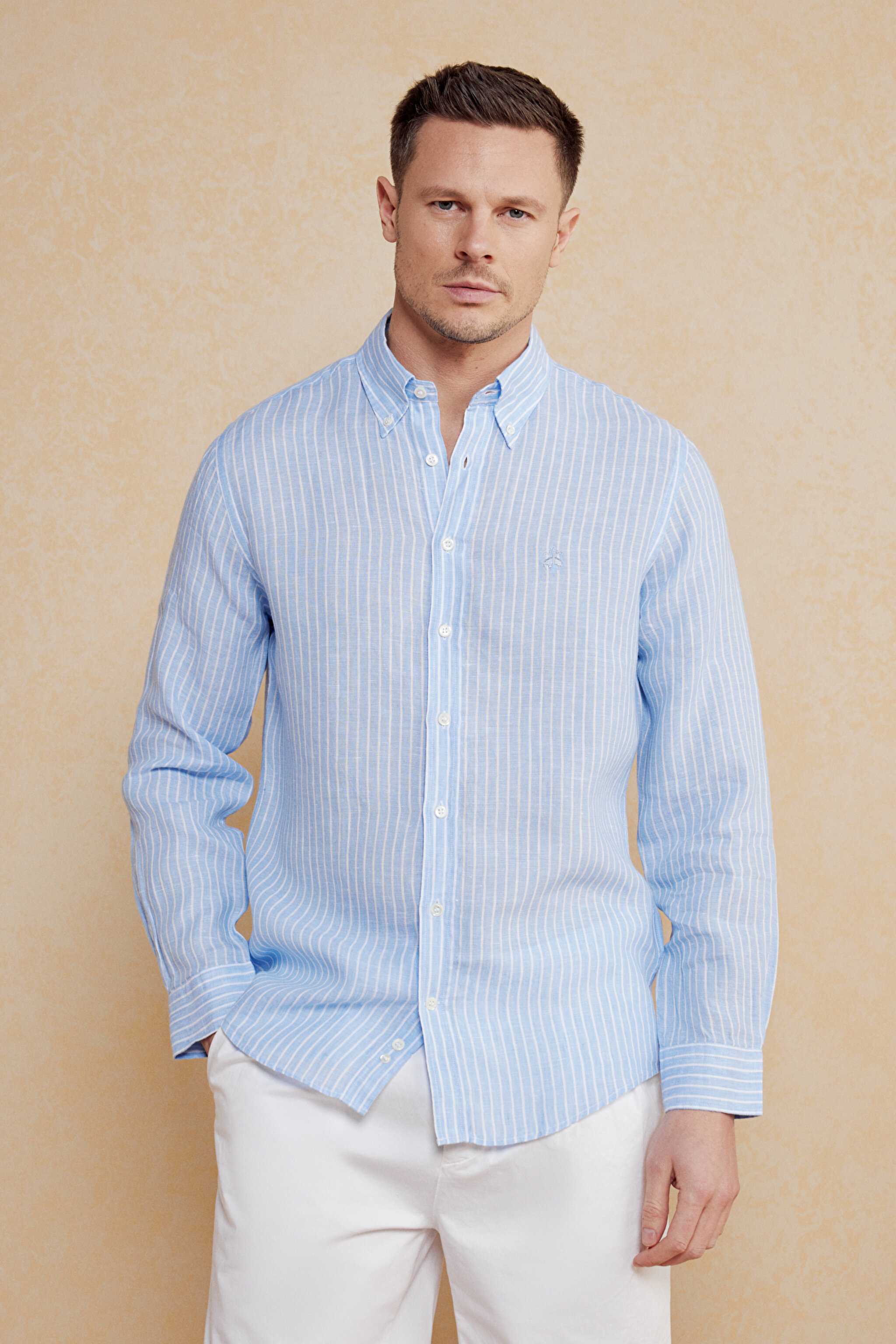 %100 Keten Düğmeli Yaka Slim Fit Çizgili Gömlek - Mavi Çizgili (görsel 2)