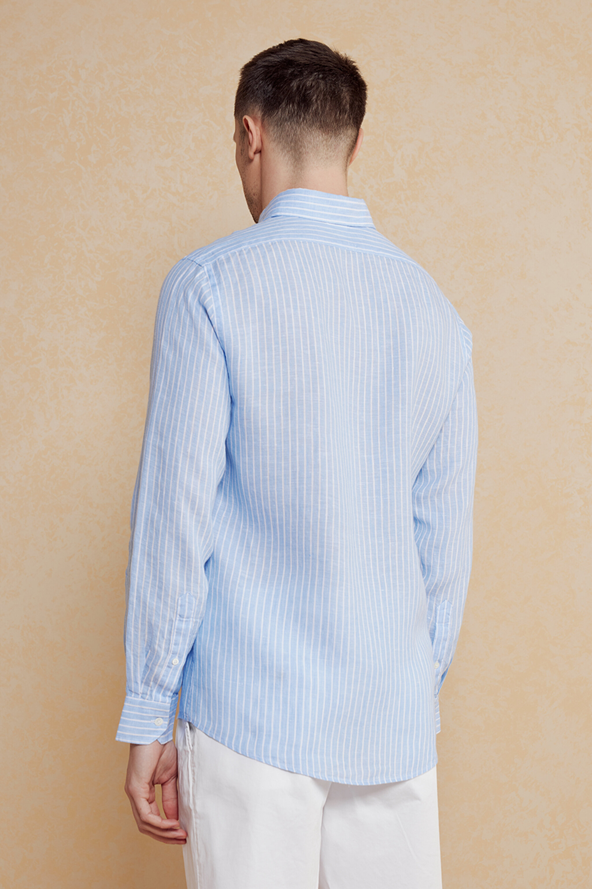 %100 Keten Düğmeli Yaka Slim Fit Çizgili Gömlek - Mavi Çizgili (görsel 5)