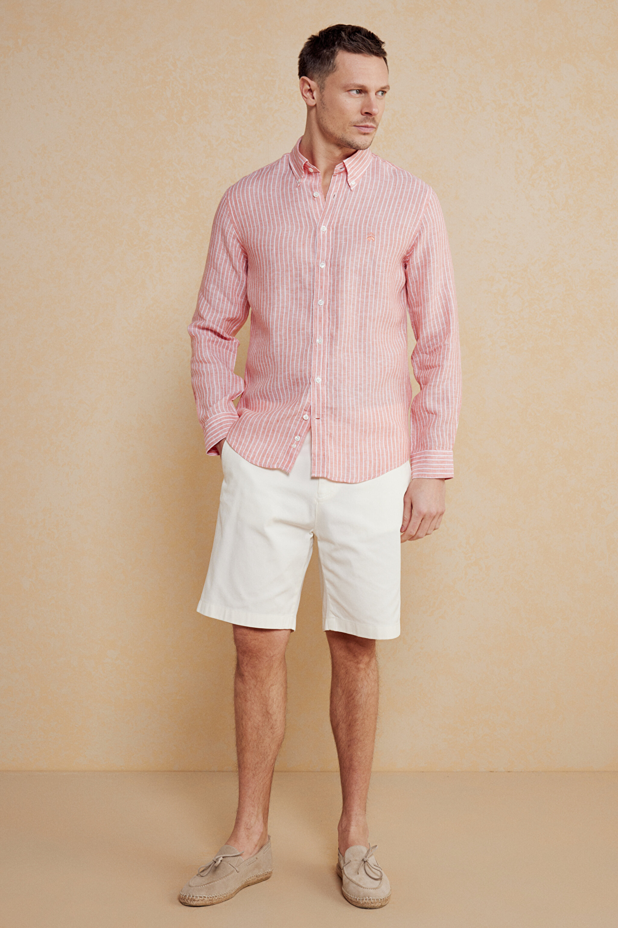 %100 Keten Düğmeli Yaka Slim Fit Çizgili Gömlek - Turuncu Çizgili (görsel 3)