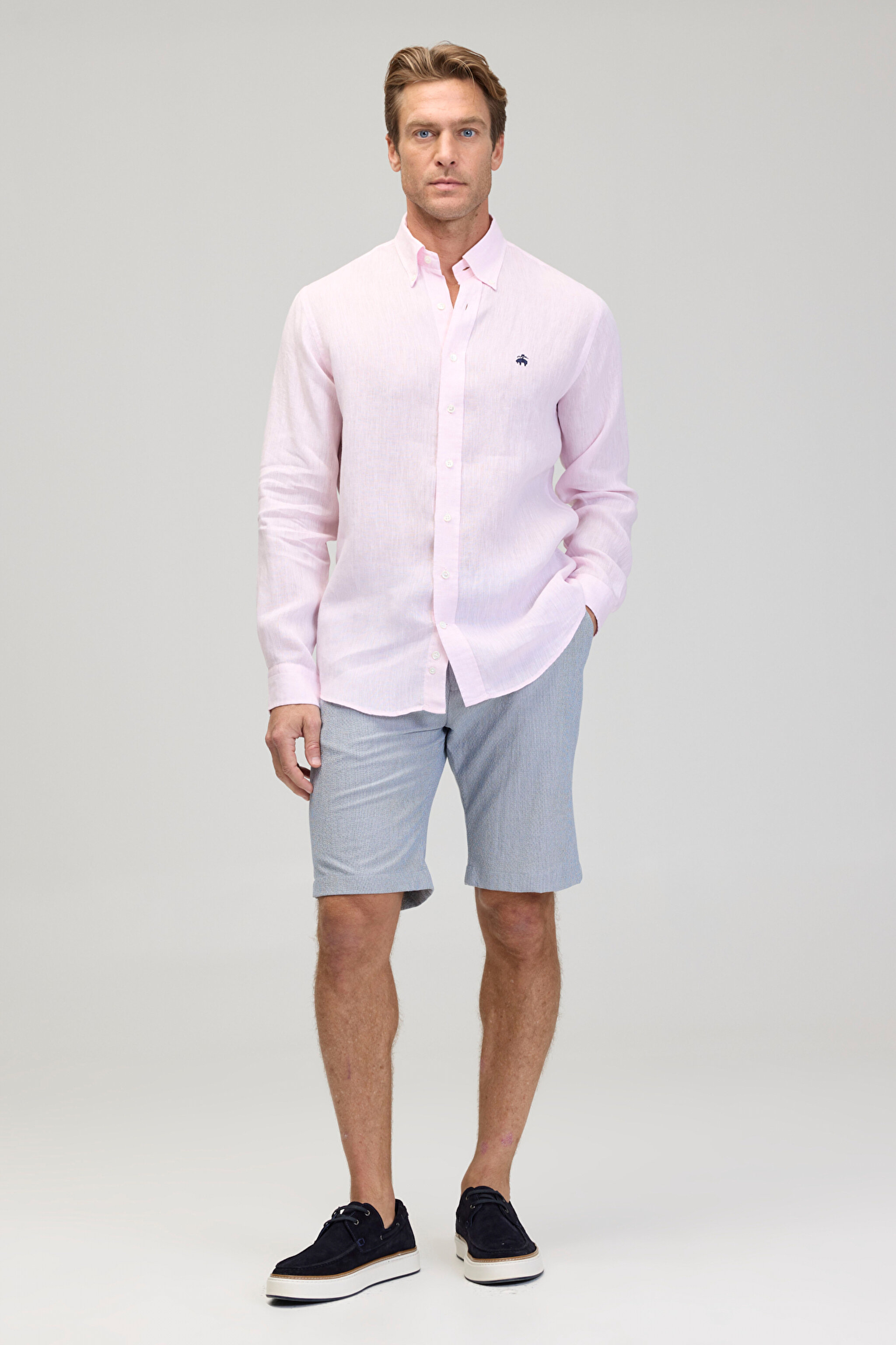 Düğmeli Yaka Regular Fit %100 Keten Cepsiz Erkek Gömlek - Pembe