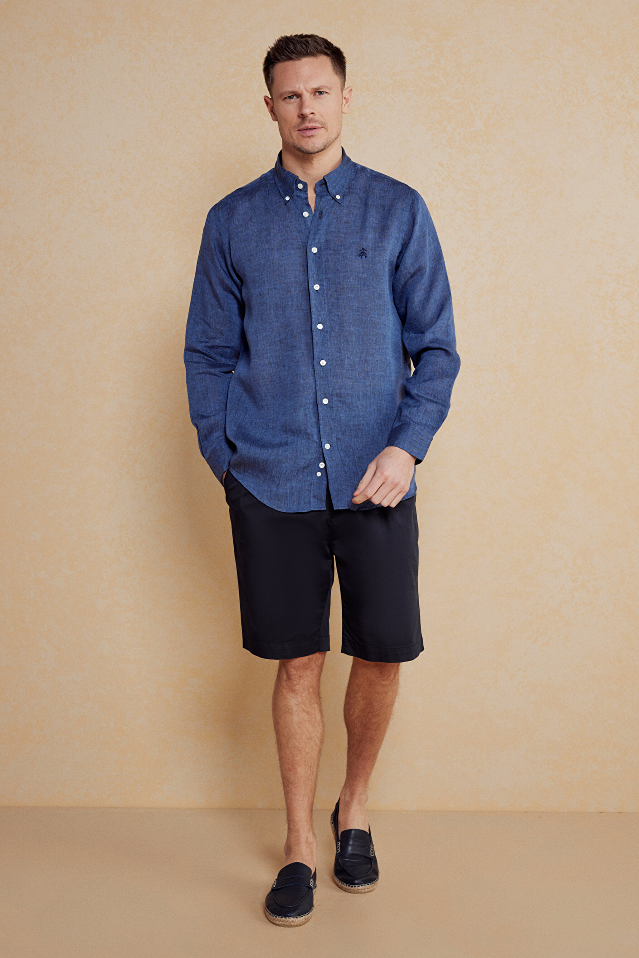 Düğmeli Yaka Regular Fit %100 Keten Cepsiz Erkek Gömlek - Indigo (görsel 3)