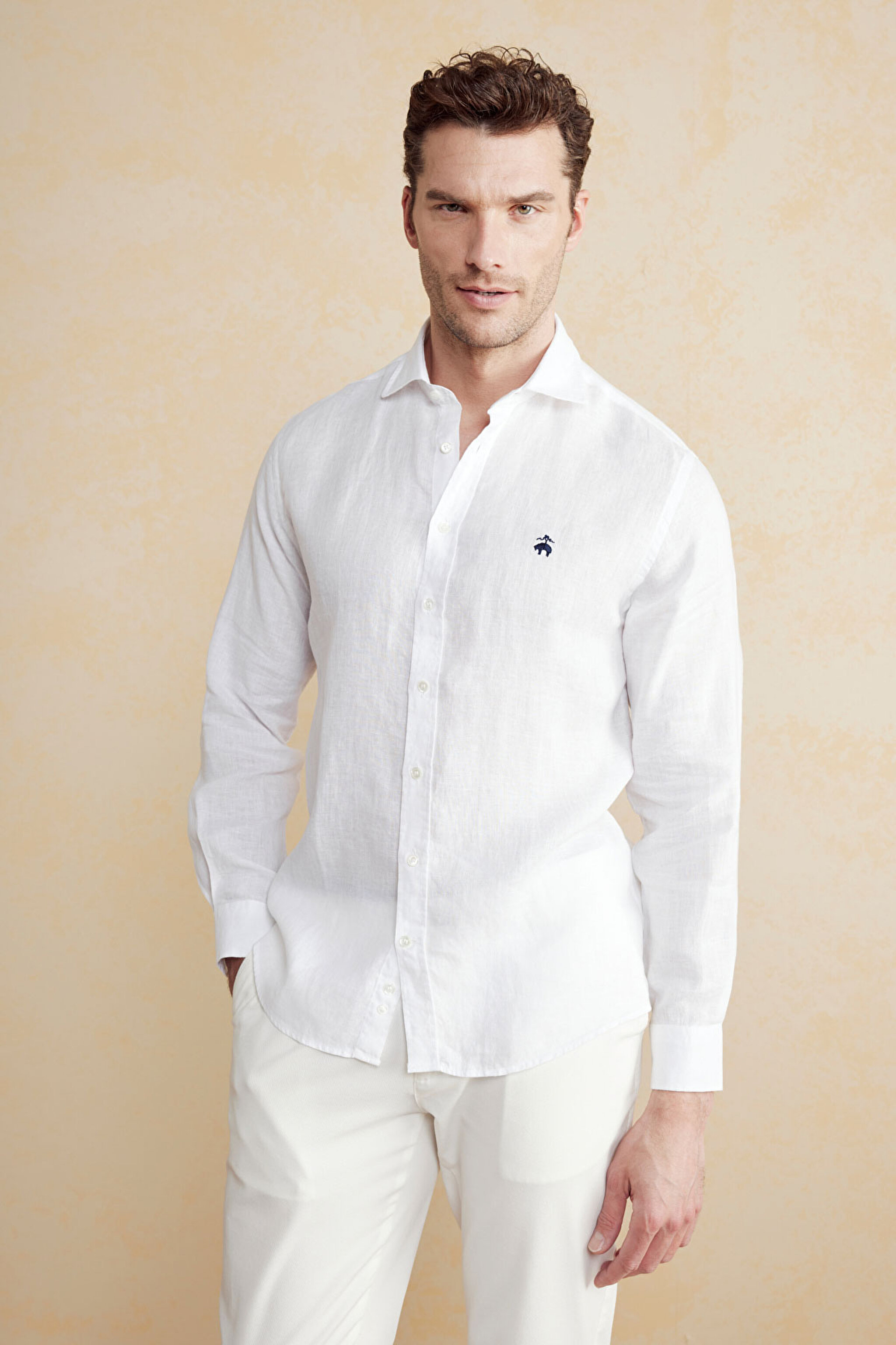 %100 Keten Düğmeli Yaka Slim Fit Gömlek - Beyaz