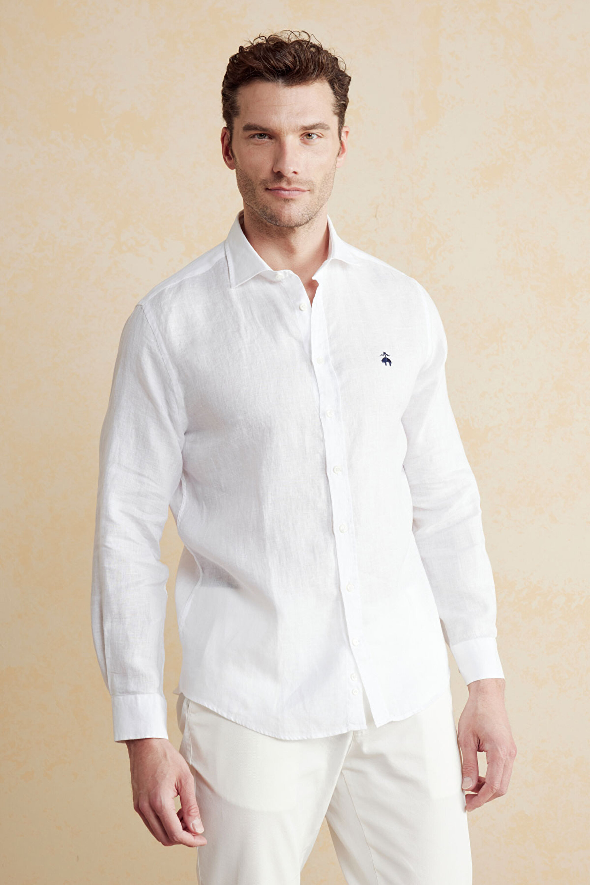 %100 Keten Düğmeli Yaka Slim Fit Gömlek - Beyaz (görsel 2)